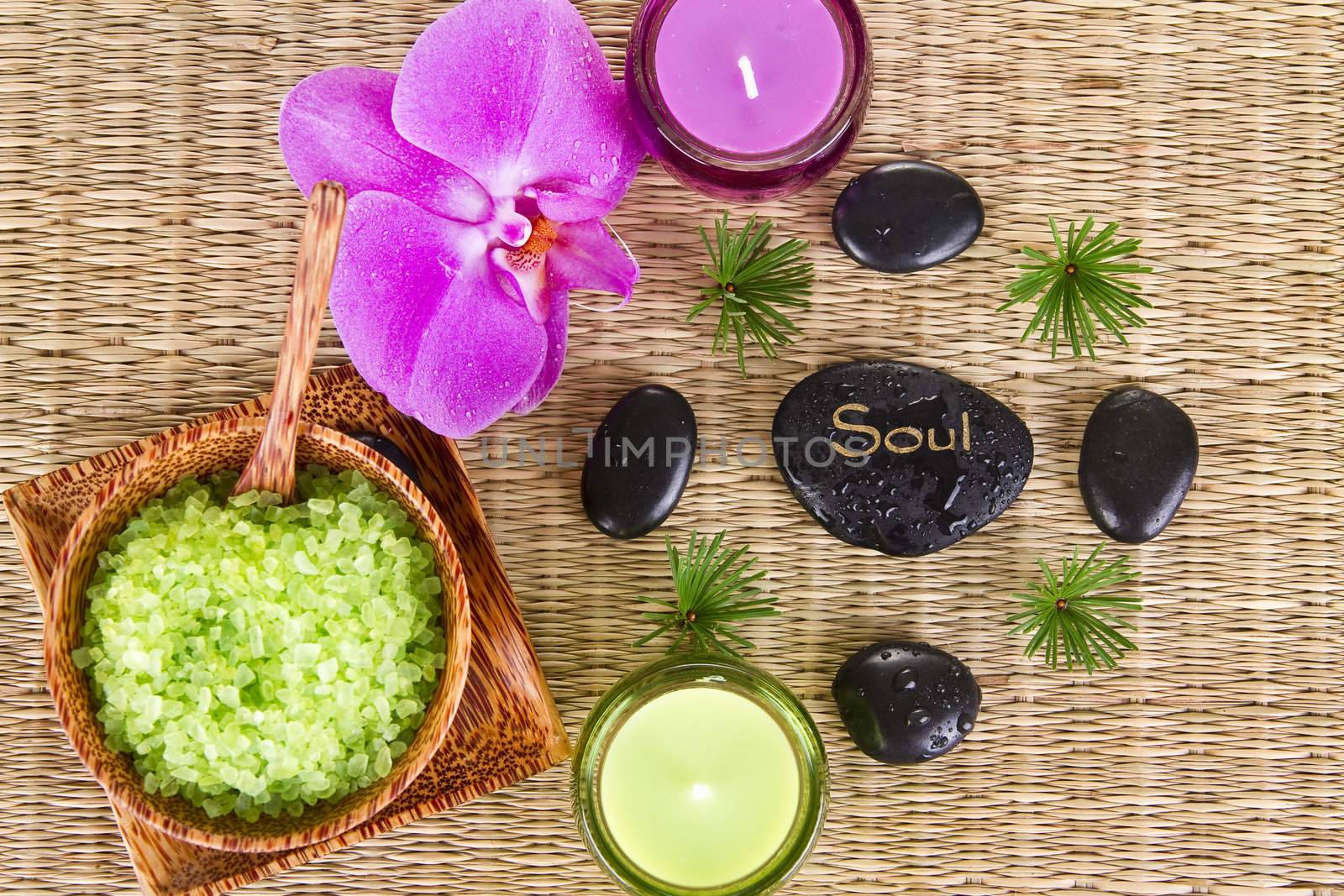 Soul Spa Concept - Zen Stones With Pink Orchid and Relaxing Salt