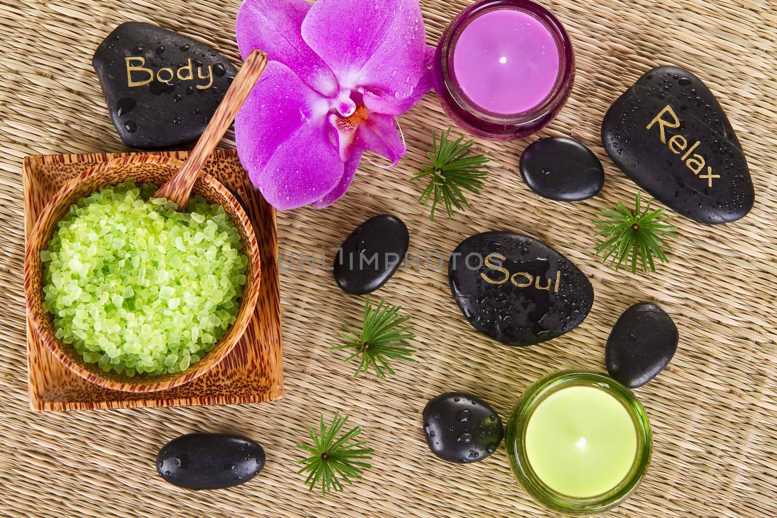 Relax Body Soul Spa Concept - Zen Stones With Pink Orchid and Relaxing Salt