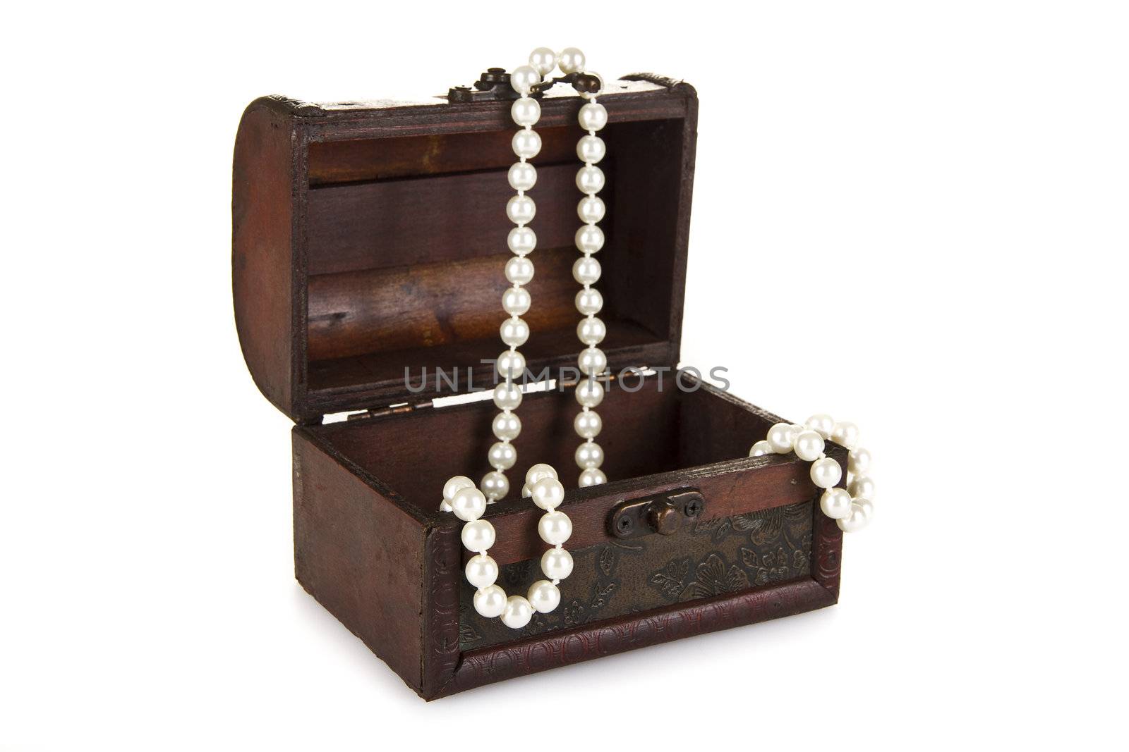 Treasure Chest with Pearls isolated over white background