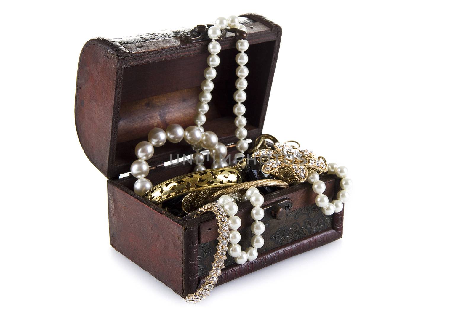 Treasure Chest full of jewelery  isolated over white background
