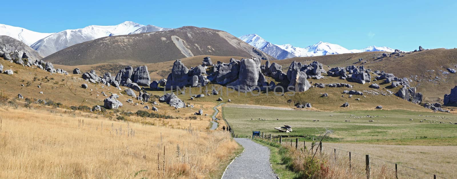 panoeama curve pathway at Castle Hill alps mountain range New Zealand