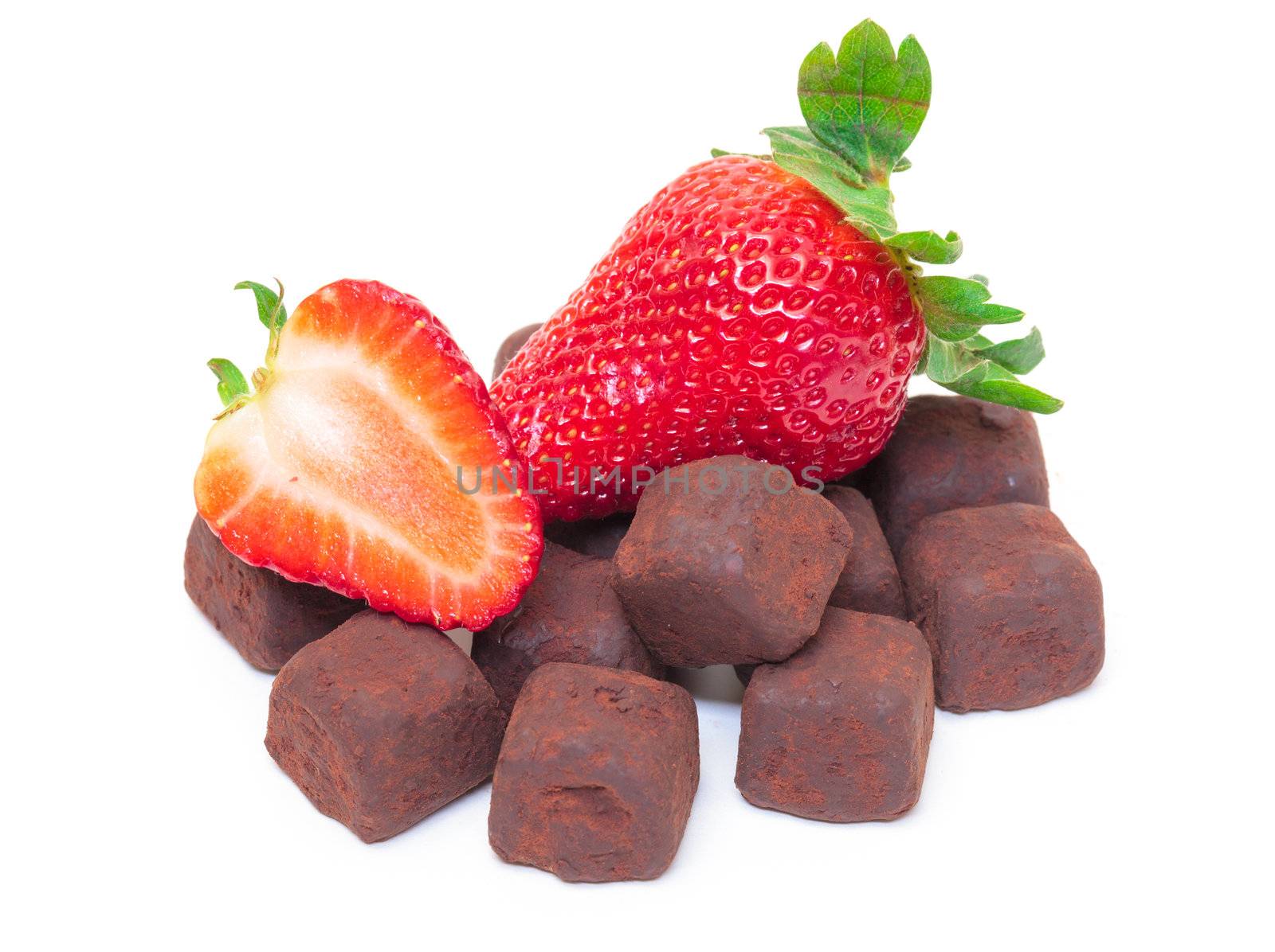 Ripe Berry Red Strawberry with Chocolates on white background