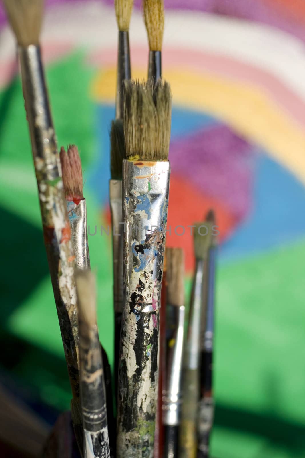 Paintbrushes and painted canvas in the background