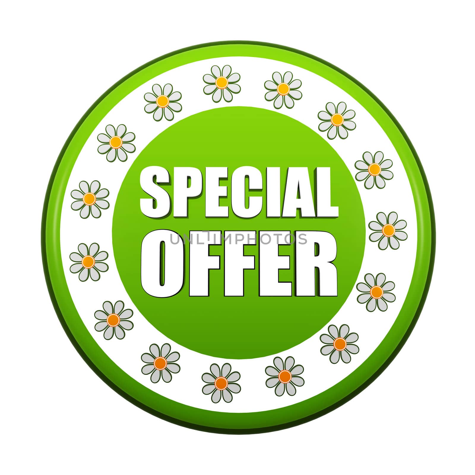 spring special offer banner - 3d green circle label with white text and flowers, business concept