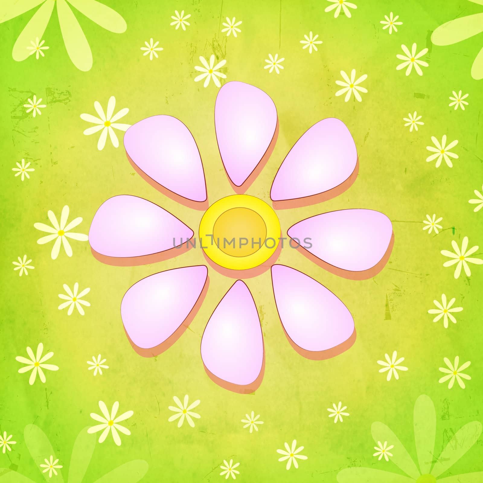 spring background with pink flower over green gradient with white daisy flowers
