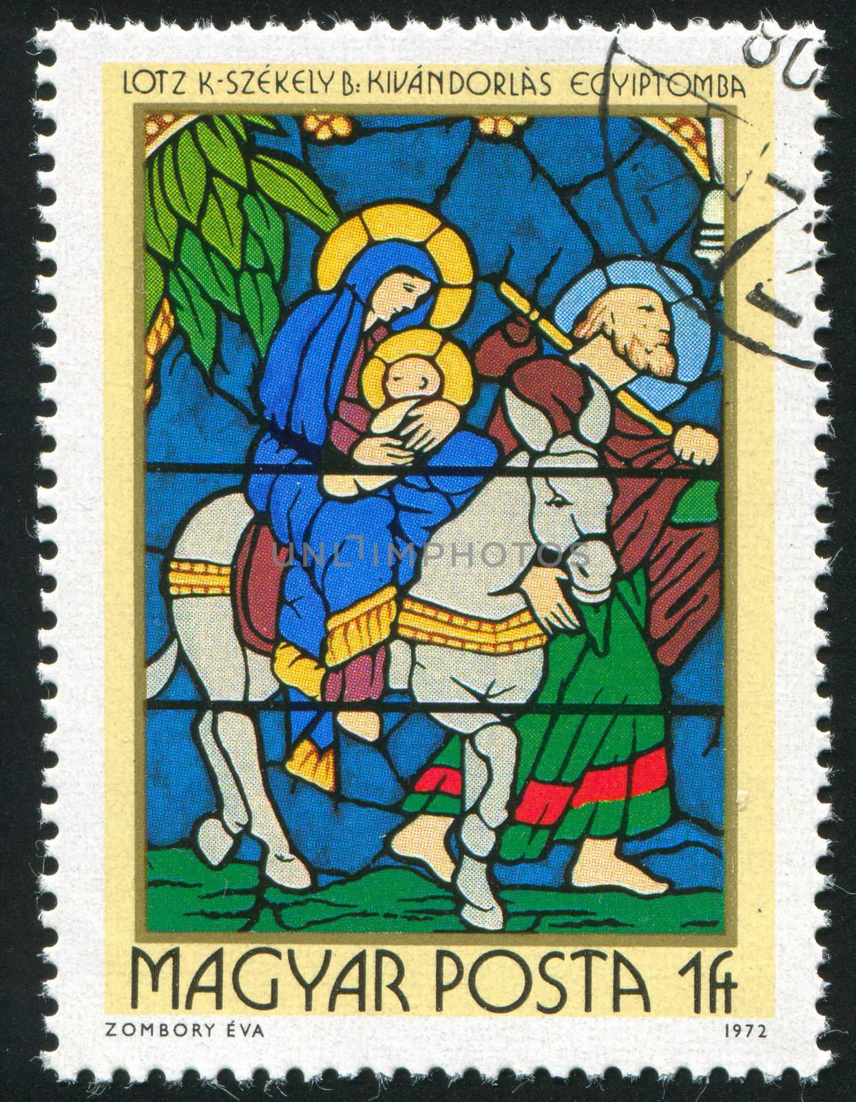 HUNGARY - CIRCA 1972: stamp printed by Hungary, shows Stained-glass Window, Flight into Egypt, by Karoly Lotz and Bertalan Szekely, circa 1972