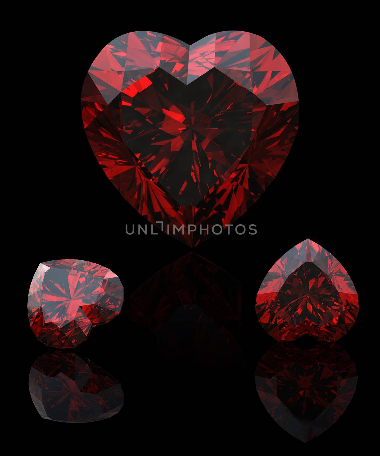   Collection garnet shape of heart  on black background.