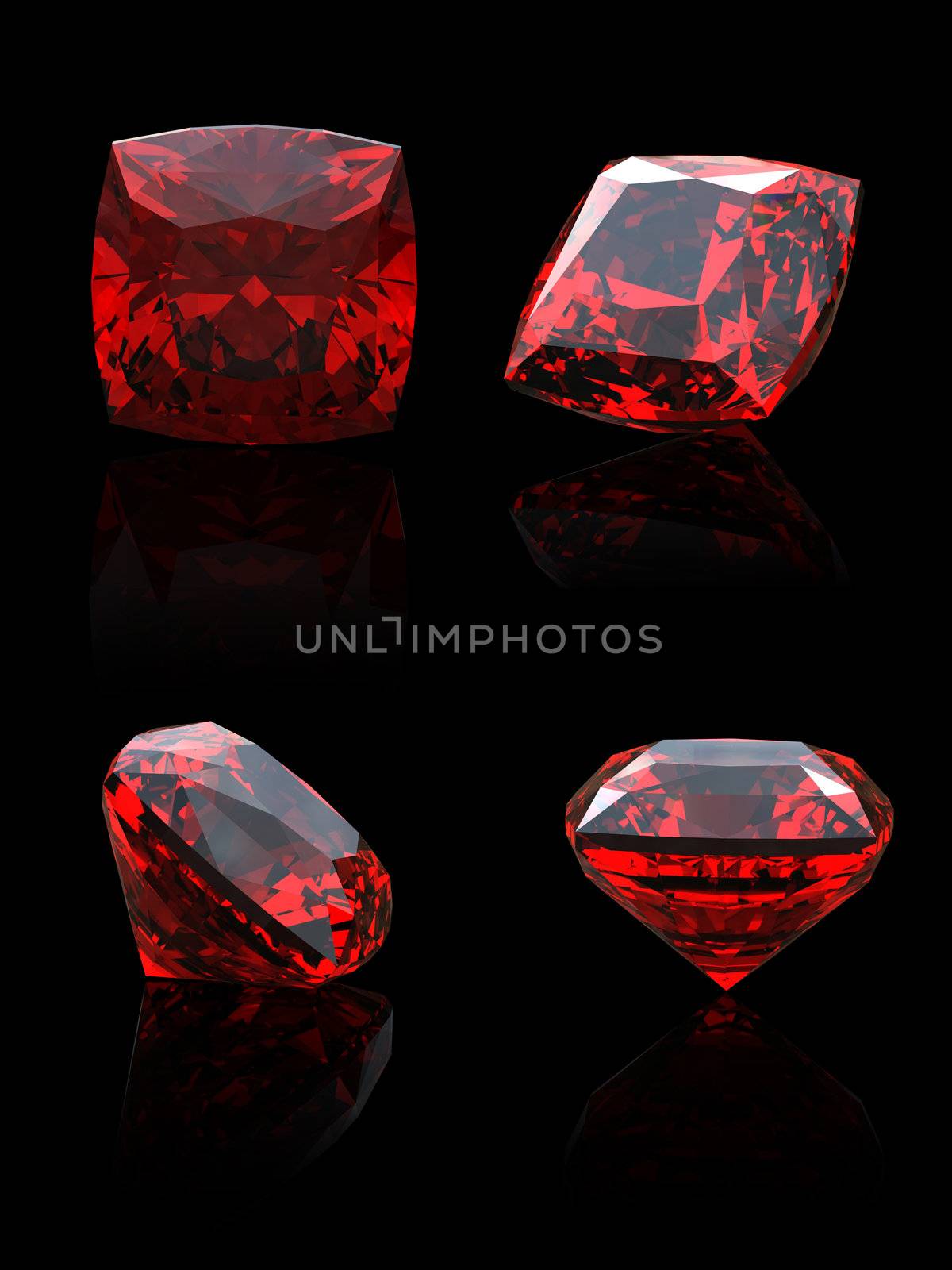 Set of jewelry gems shape of square on black background. Ruby