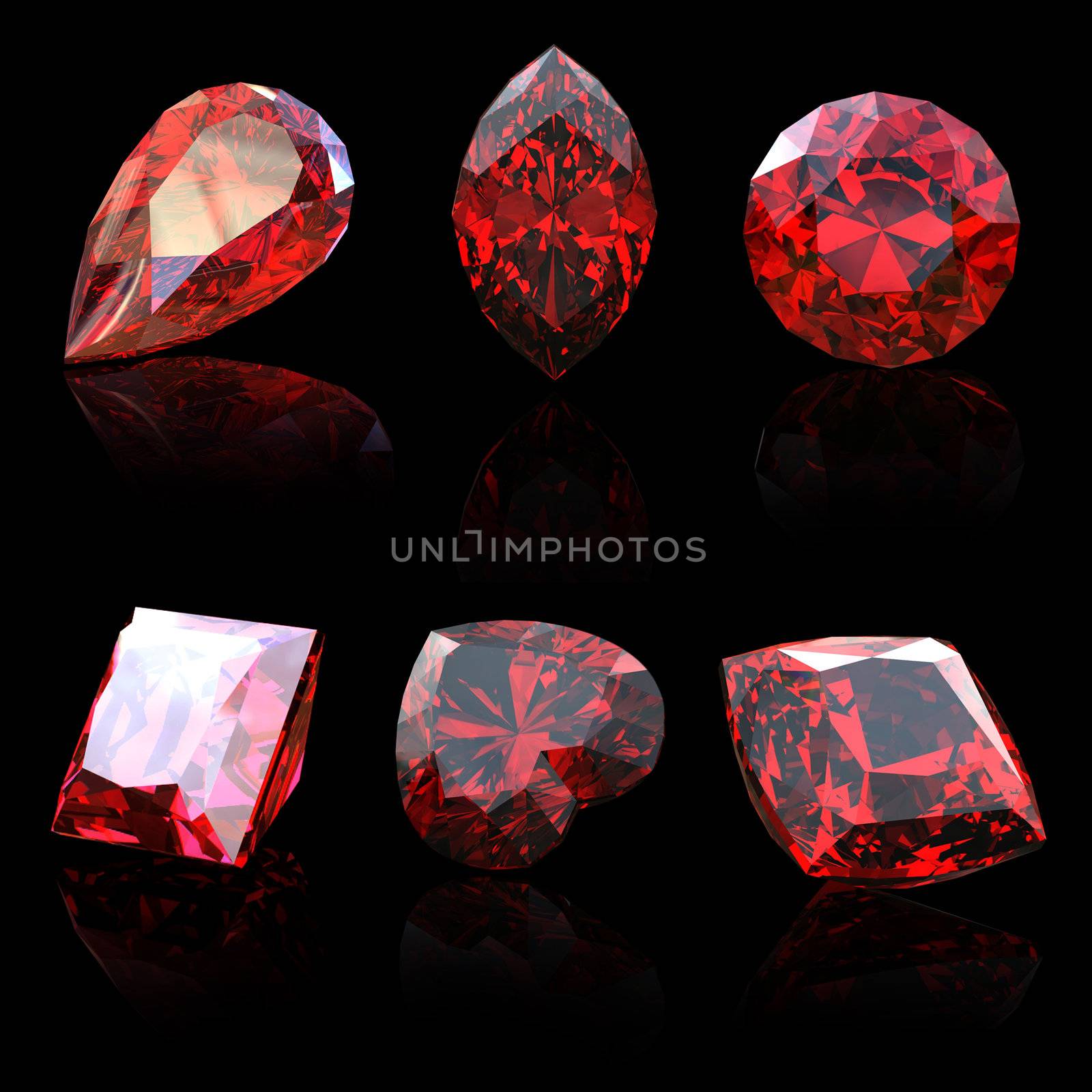 Collection garnet gems diferent shapes  on black background.