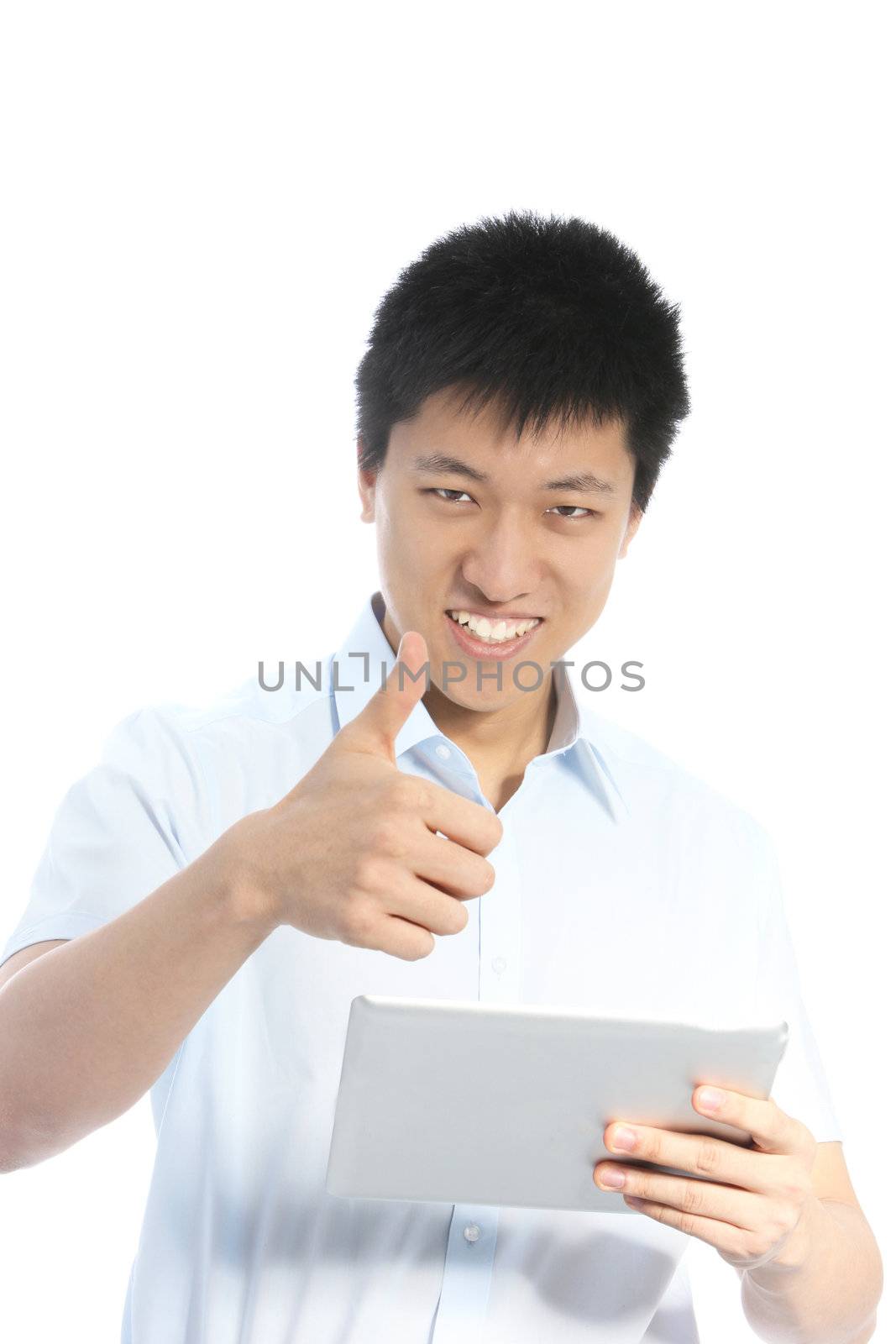 Smiling Asian man giving a thumbs up by Farina6000