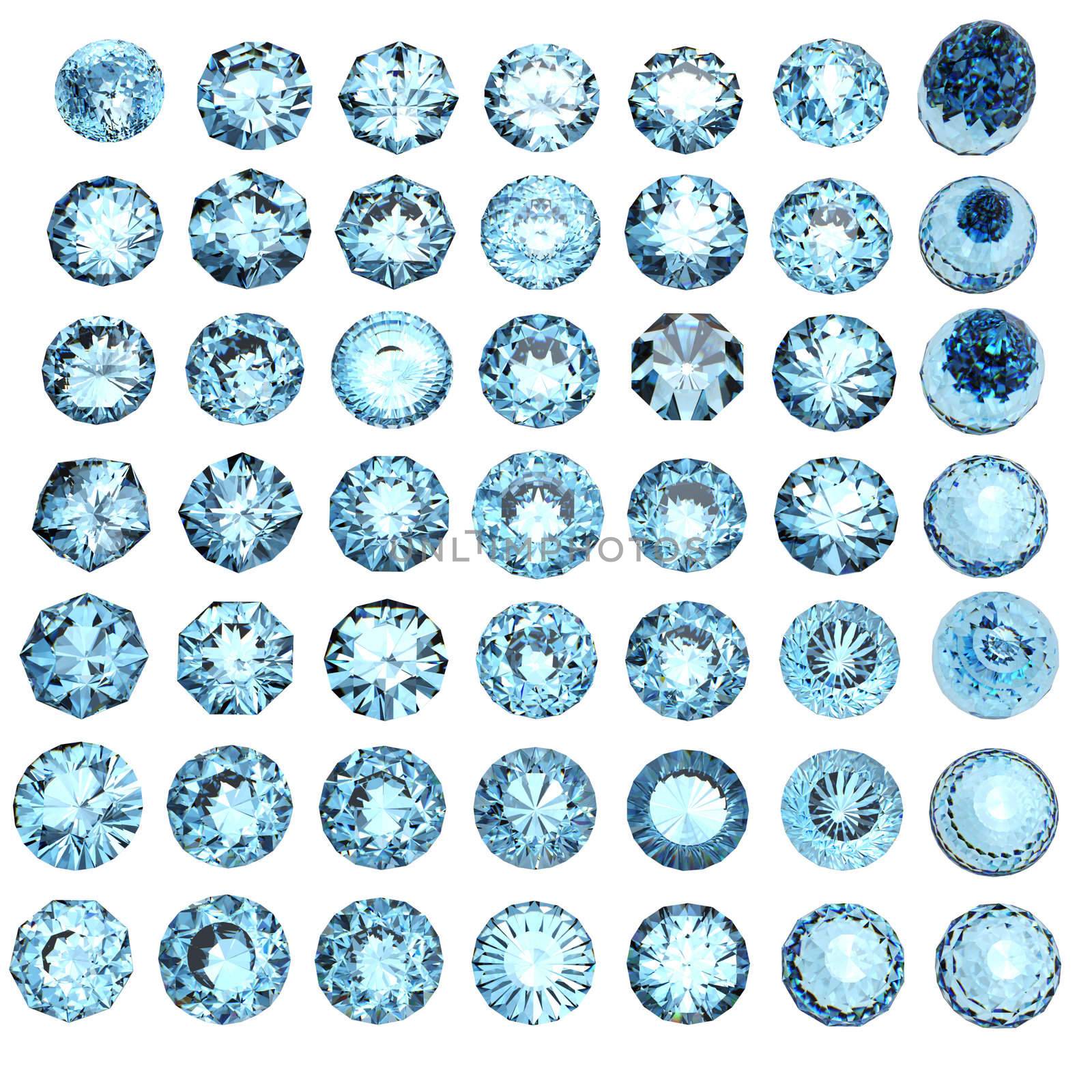 Set of round swiss blue topaz isolated on white background. Gemstone