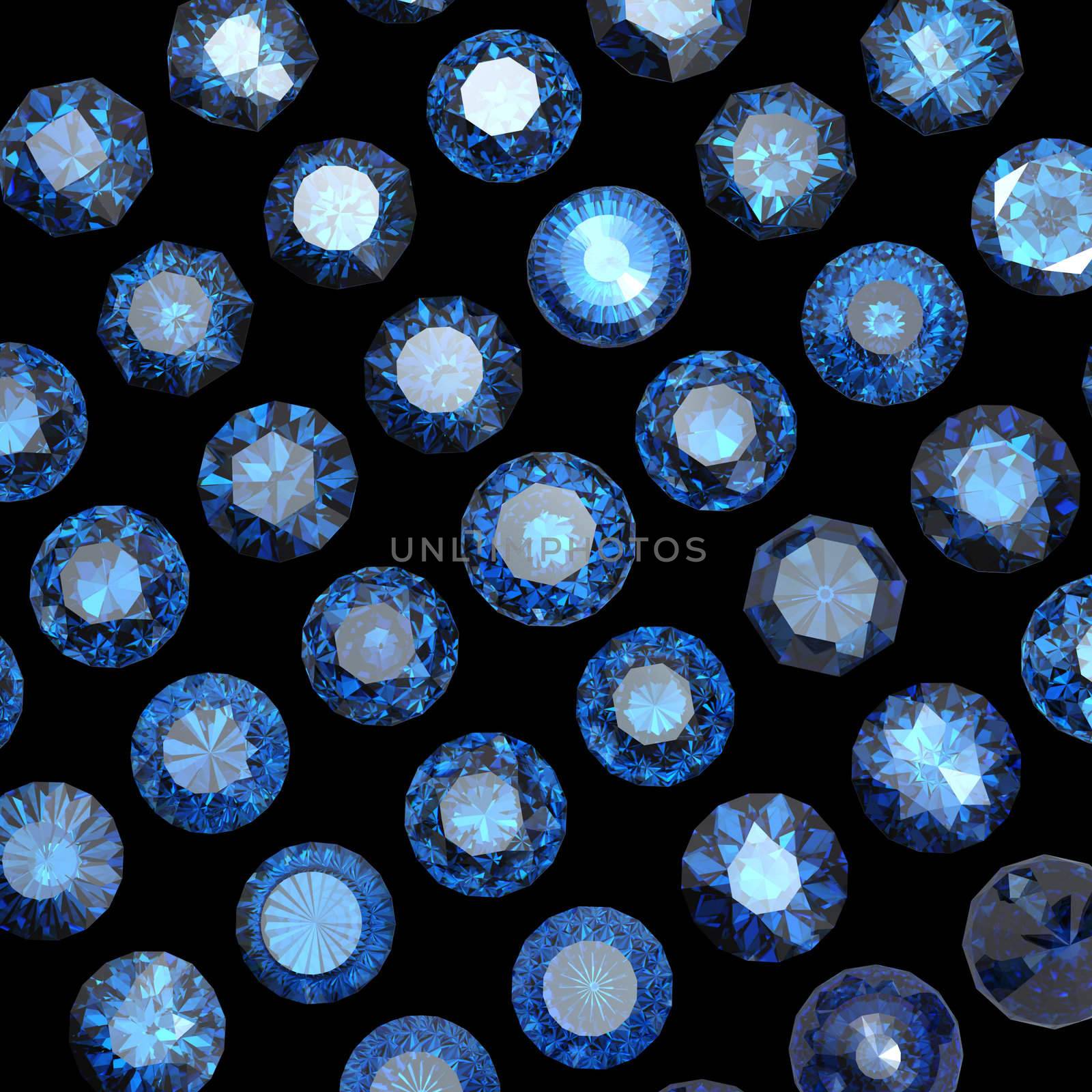 Set of round blue sapphire isolated. Gemstonecut diamond perspective on black background