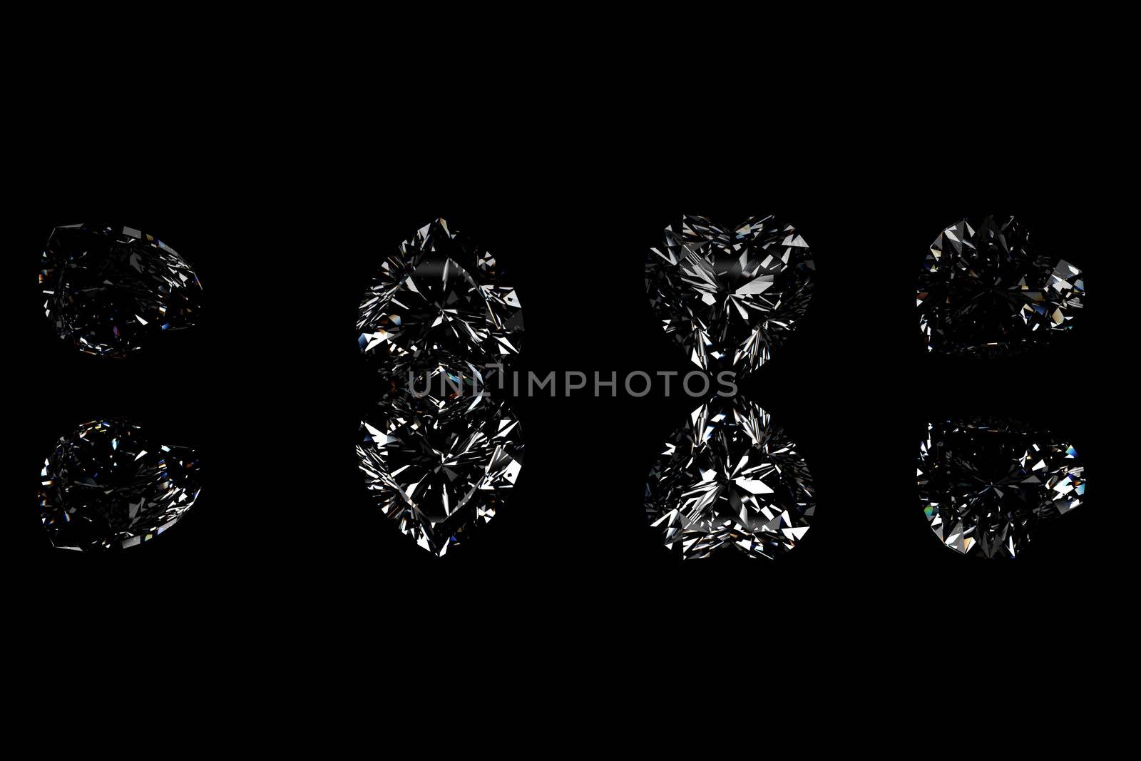 Collection brilliants shape of heart  on black background 