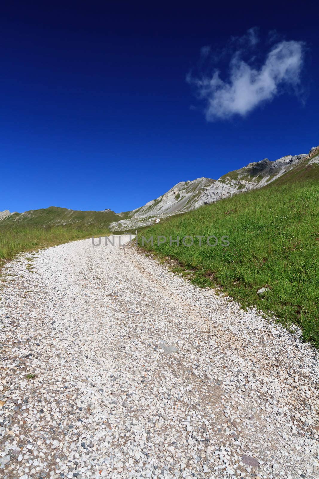 Alpine landscape with beautyful pathway under a bright blue sky