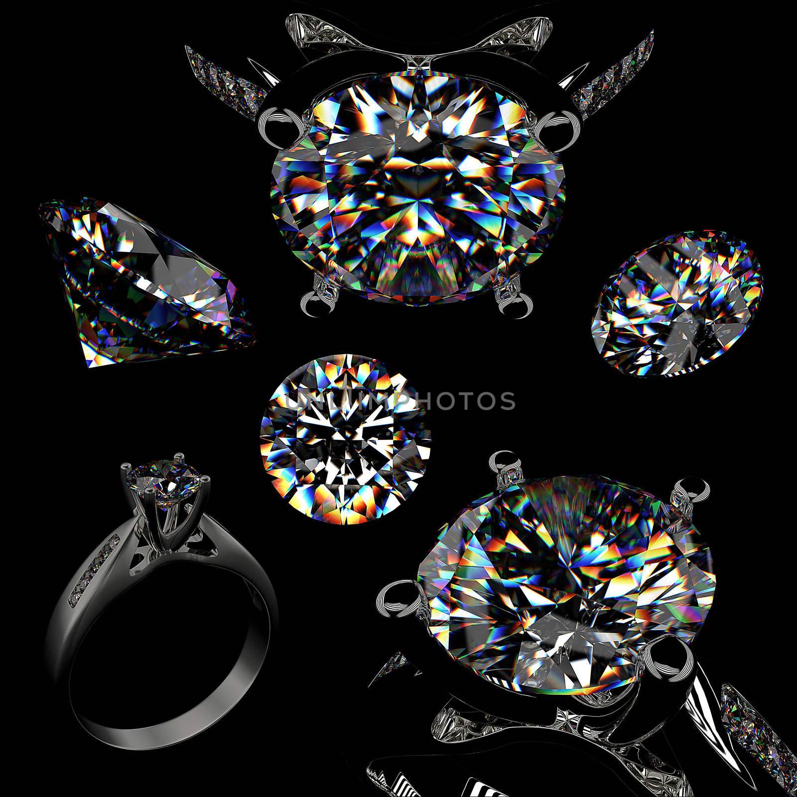 Ring with diamond isolated on black background 