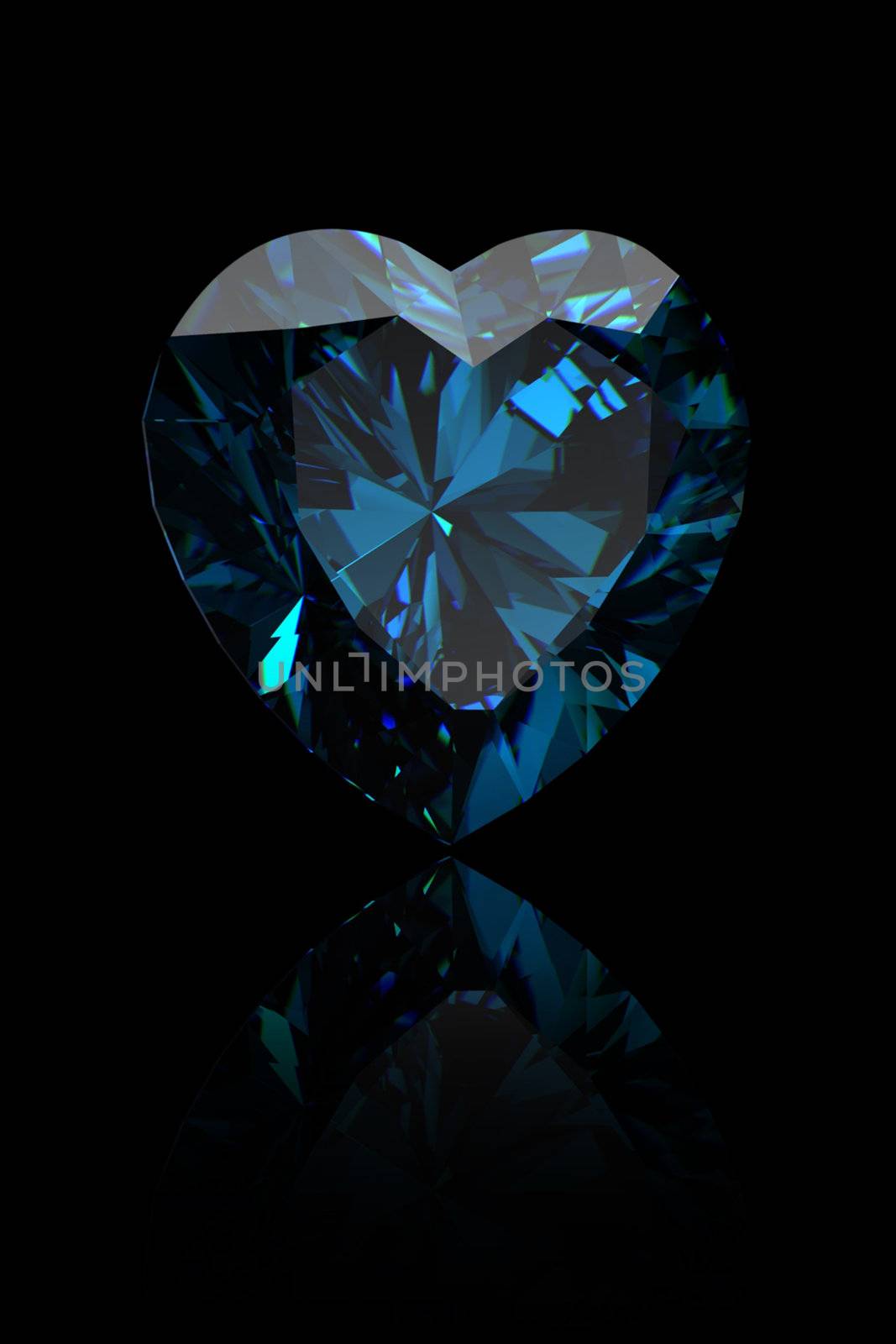 Gemstone shape of heart  on black background. Swiss blue topaz