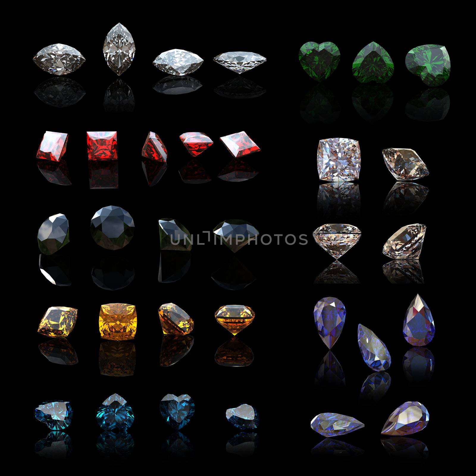 Collection gems diferent shapes  on black background.. Gemstone