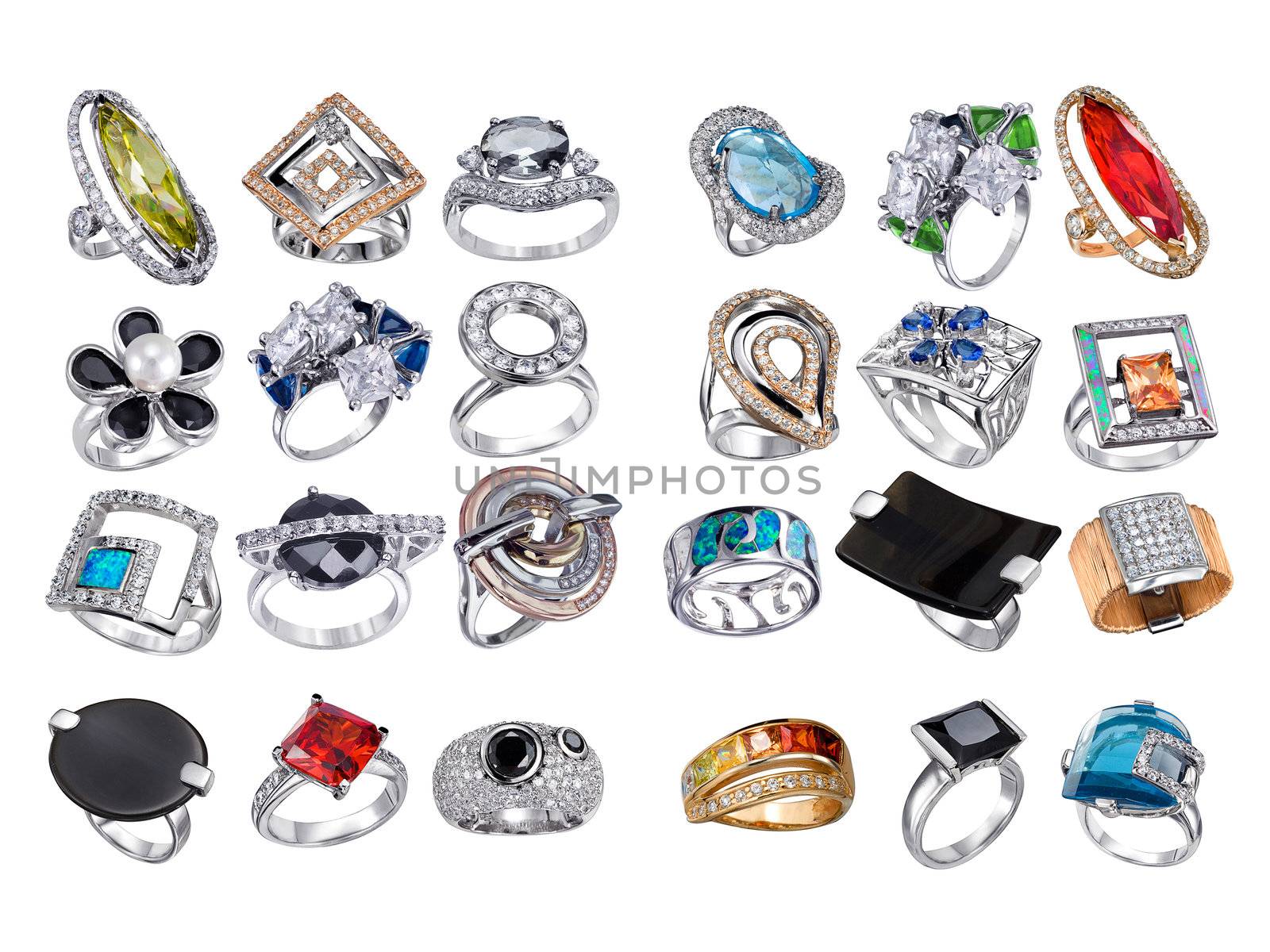 Stylish jewelry. Rings  with gems isolated on white background