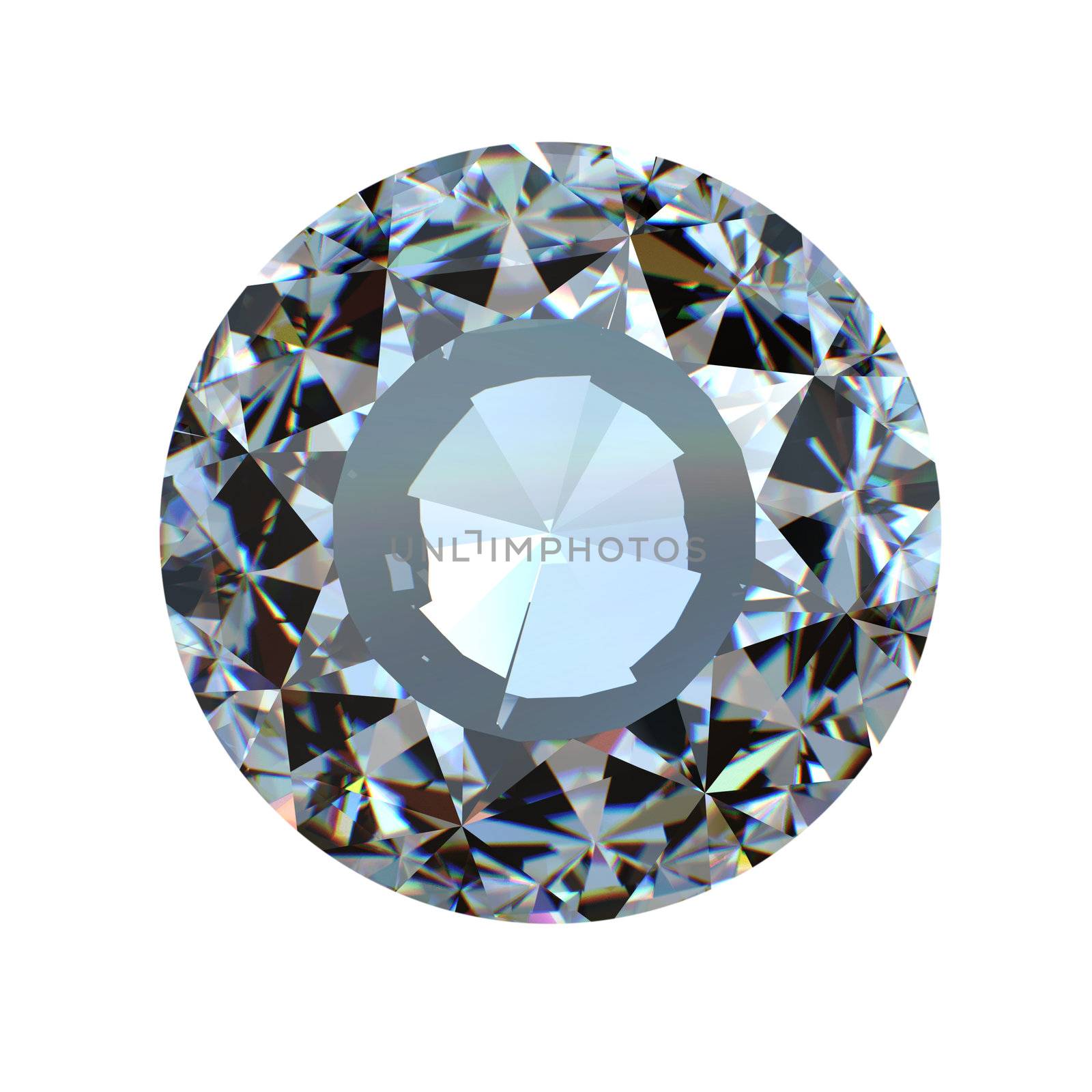 Round brilliant cut diamond perspective isolated on white background