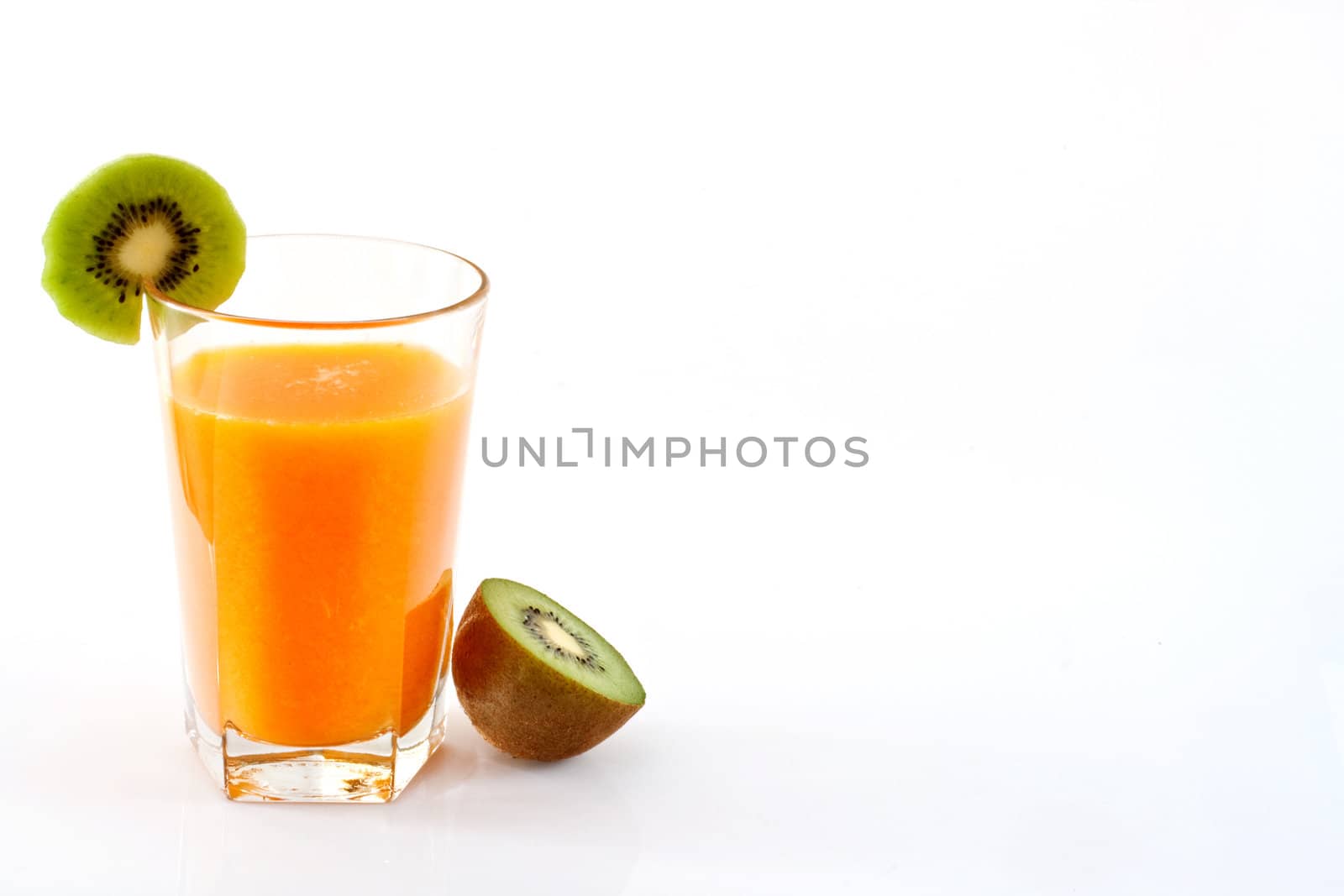 Kiwi and orange juice on white background