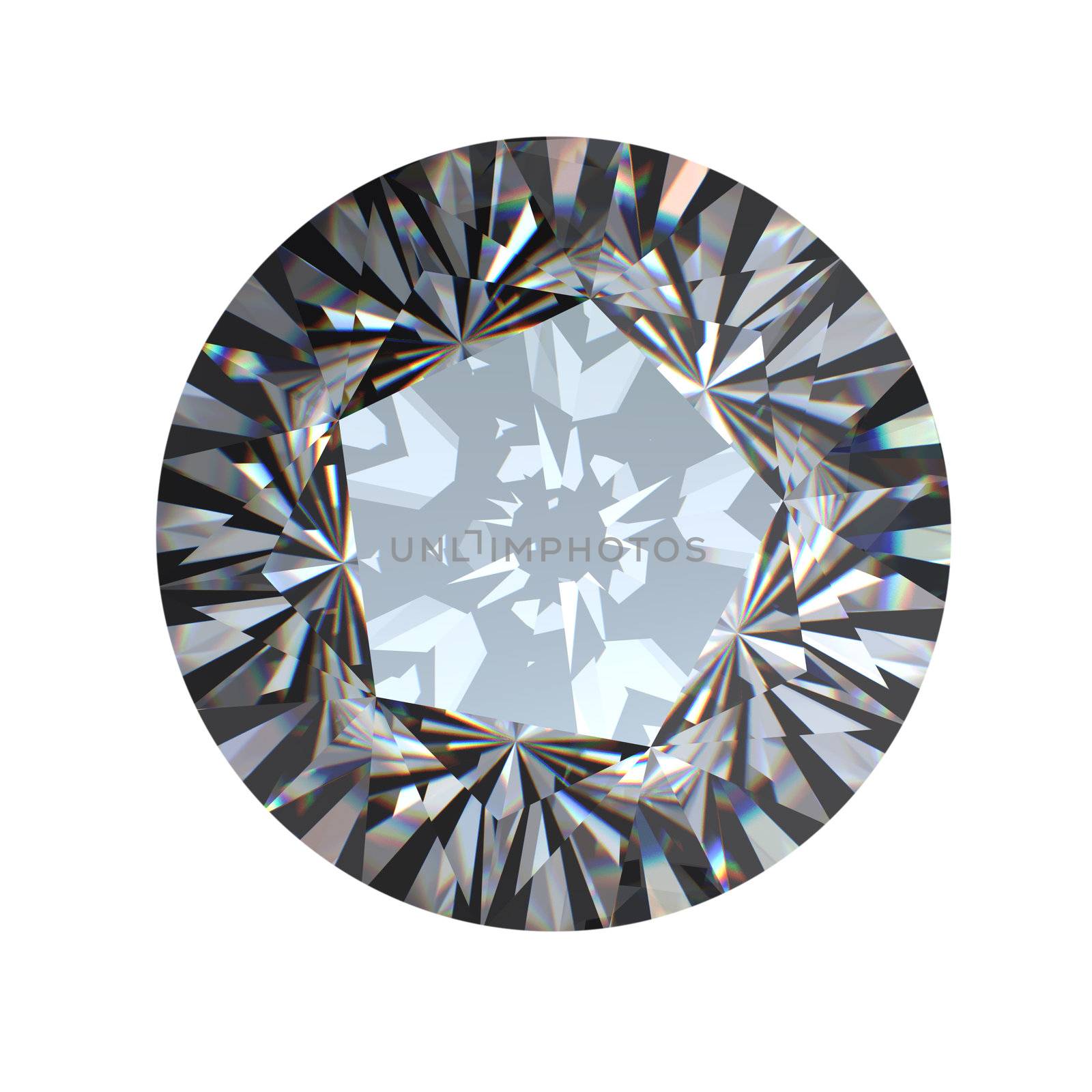 Round brilliant cut diamond perspective isolated on white background