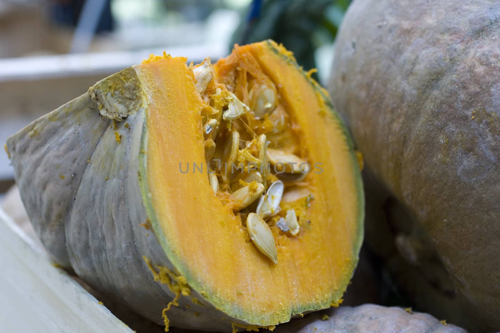 Close up of sliced pumpkin in a street market su samsug