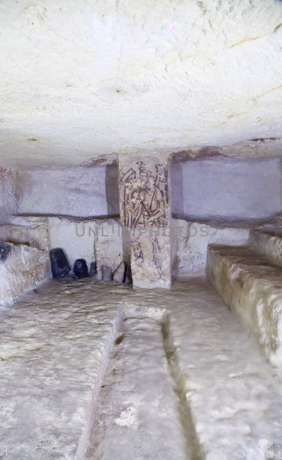 Tarquinia, Italy, around 470 B.C. Via a narrow corridor leading downstair one has access to the rectangular burial room with a sloping ceiling