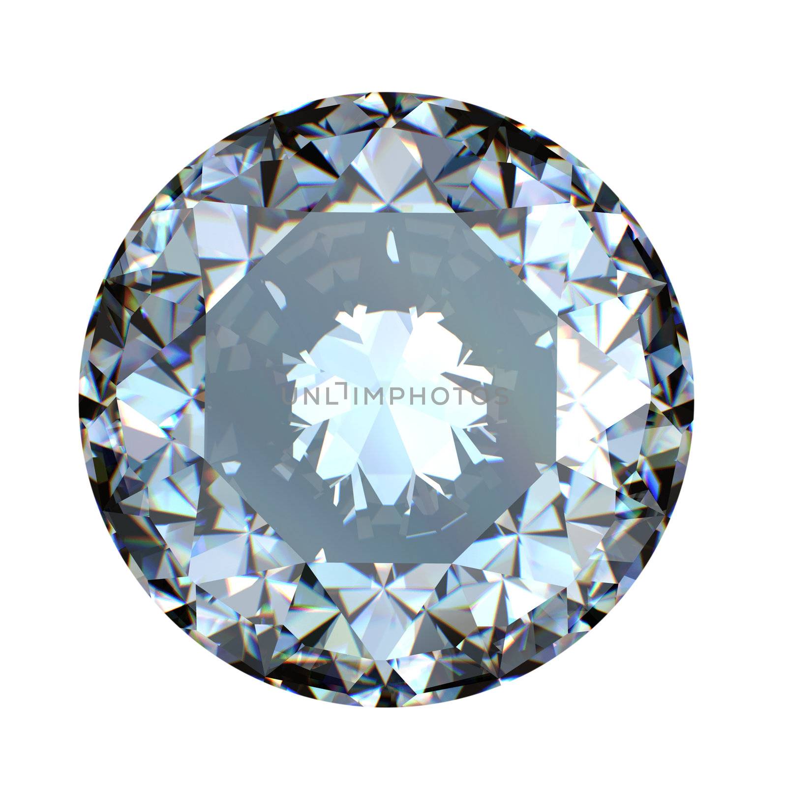 Round brilliant cut diamond perspective isolated on white background