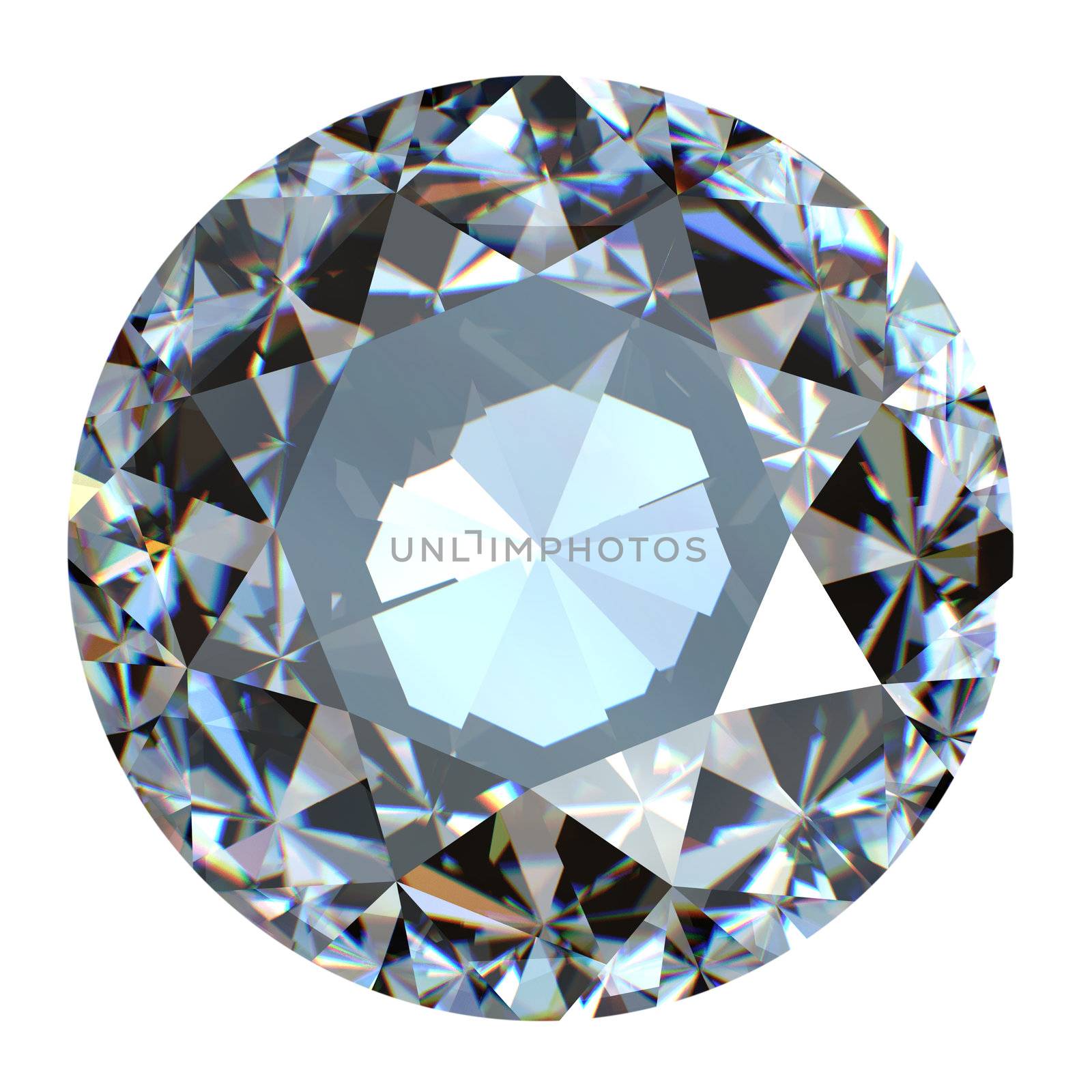 Round brilliant cut diamond perspective isolated on white background