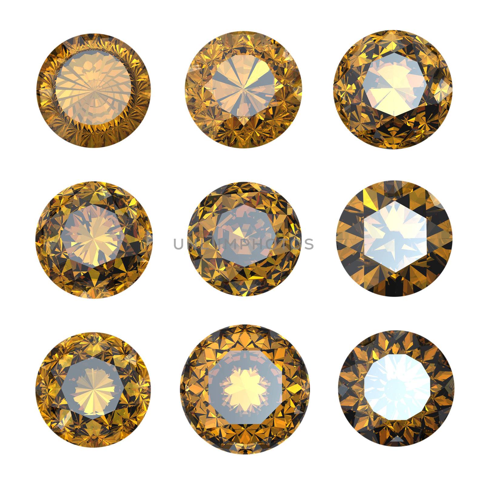 Set of round citrine isolated. Gemstonecut diamond perspective on white background