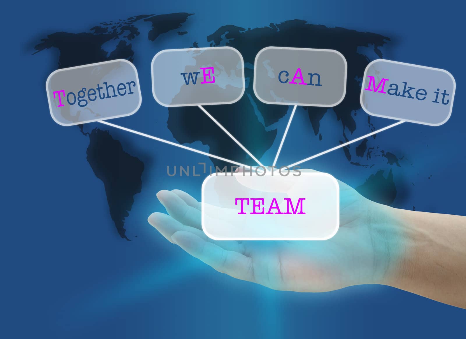 man hand hold TEAM button with world map background