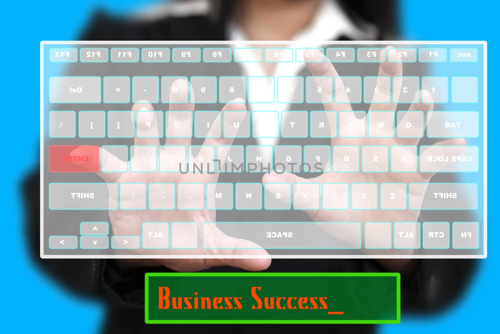 Business Woman typing Success on Technology Virtual Keyboard