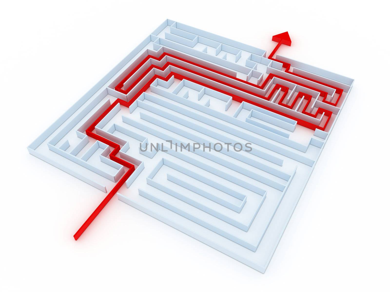 labyrinth of transparent blocks through which the red arrow. 3d computer modeling