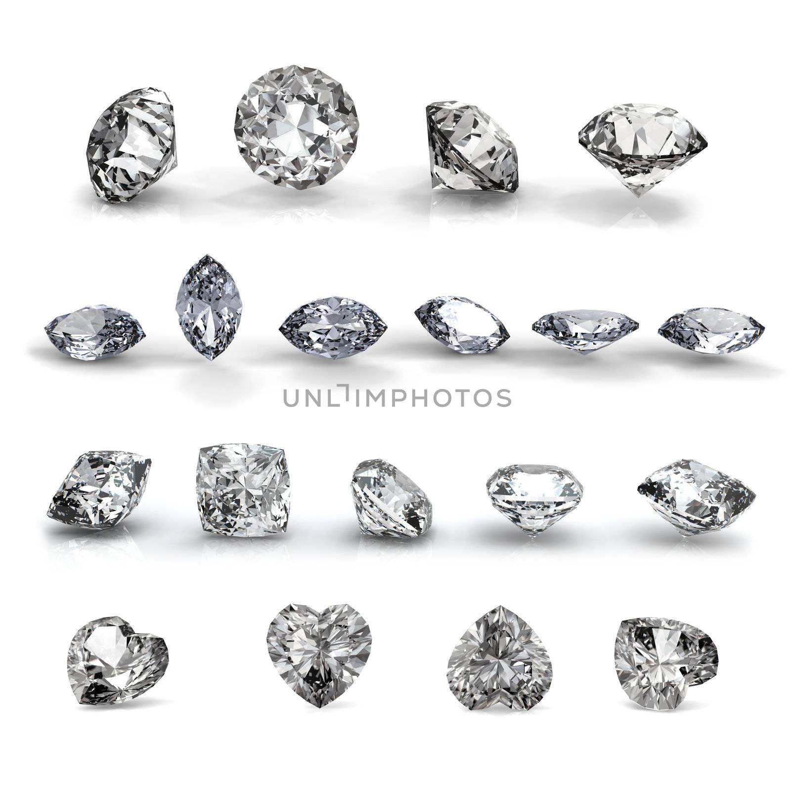  Collection brilliants shape of heart, round, Marquis and square  on white background