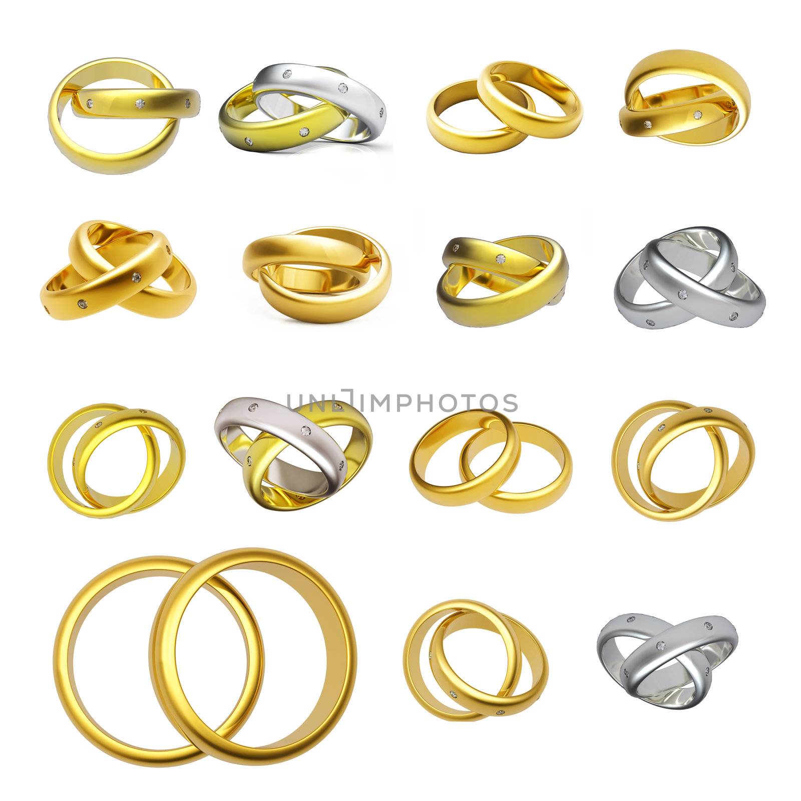 Collection of gold wedding rings  isolated on white background