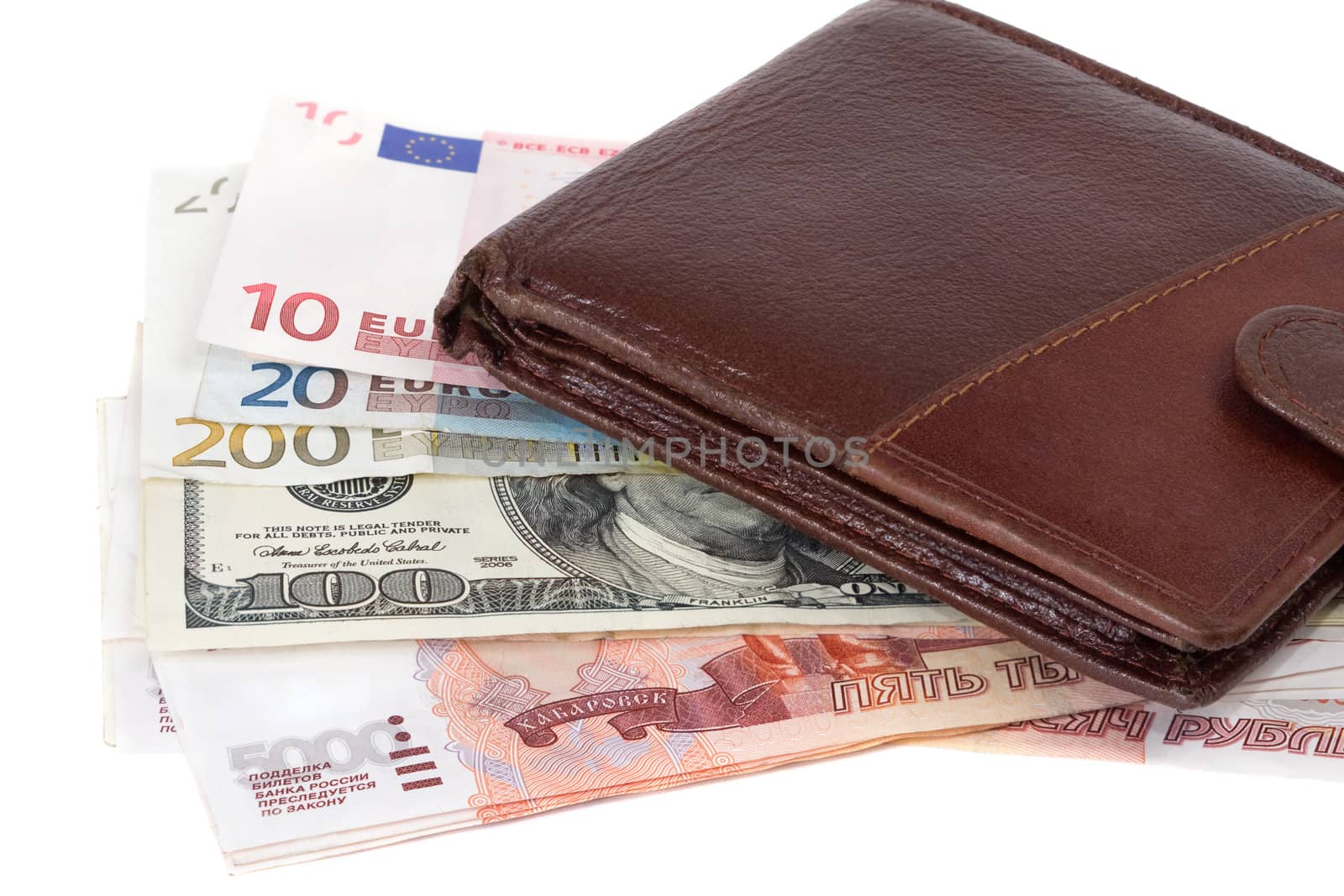 Purse and money - dollars, euro and roubles