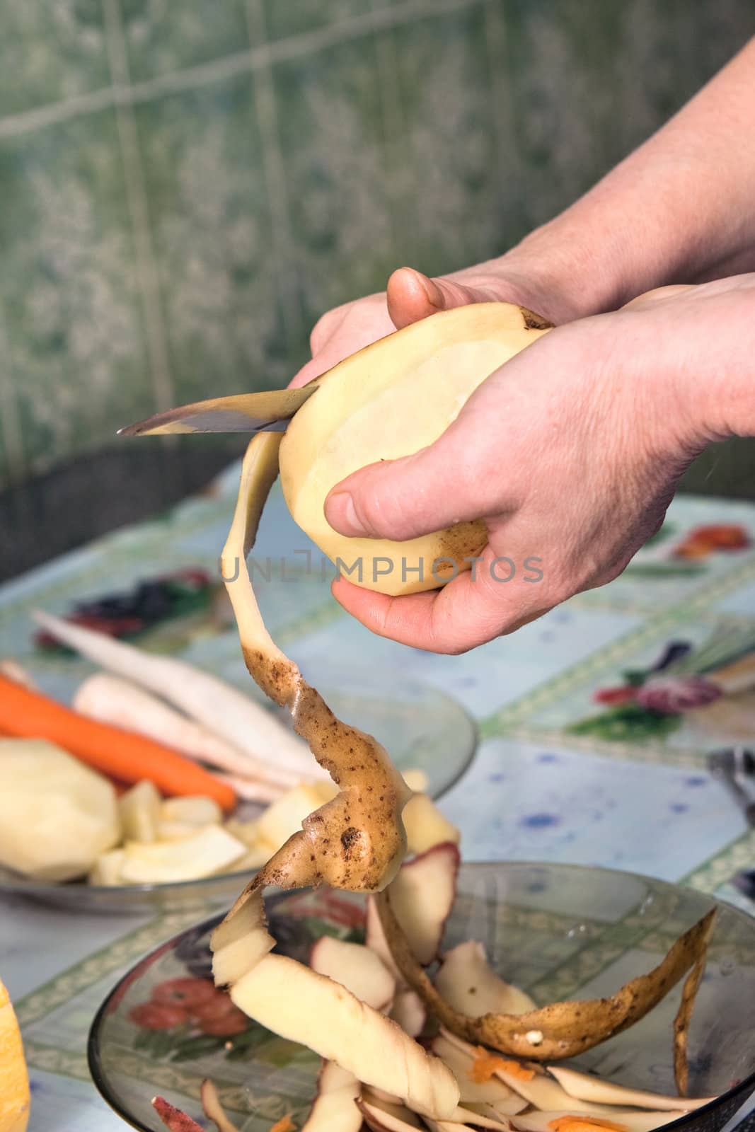 Woman peeling potatoes for lunch

