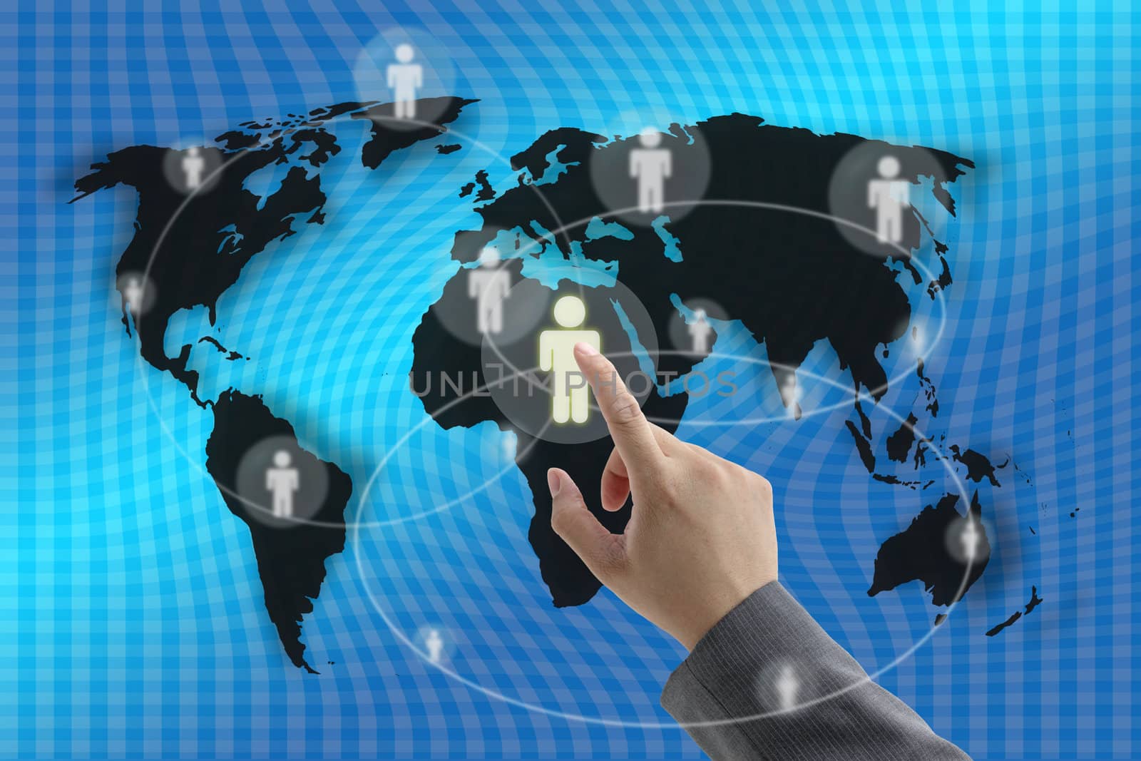 Businessman hand touching virtual screen interface with world recruitment background