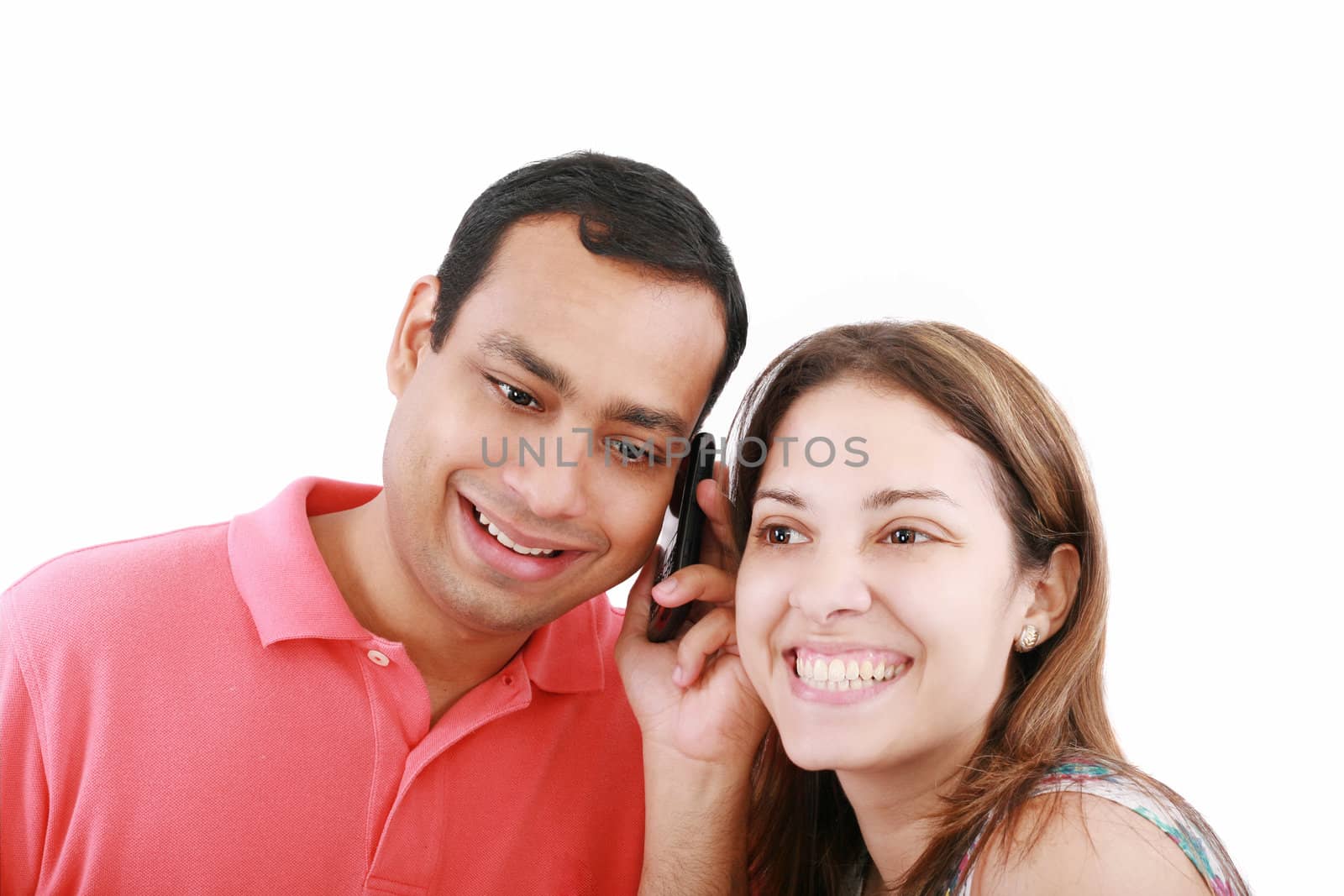 Young couple sharing mobile phone, portrait, close up