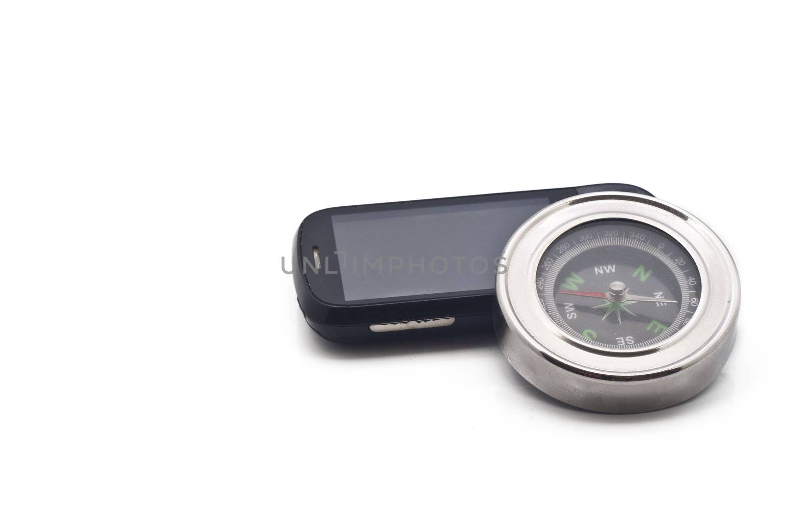 compass and smartphone isolated on withe background