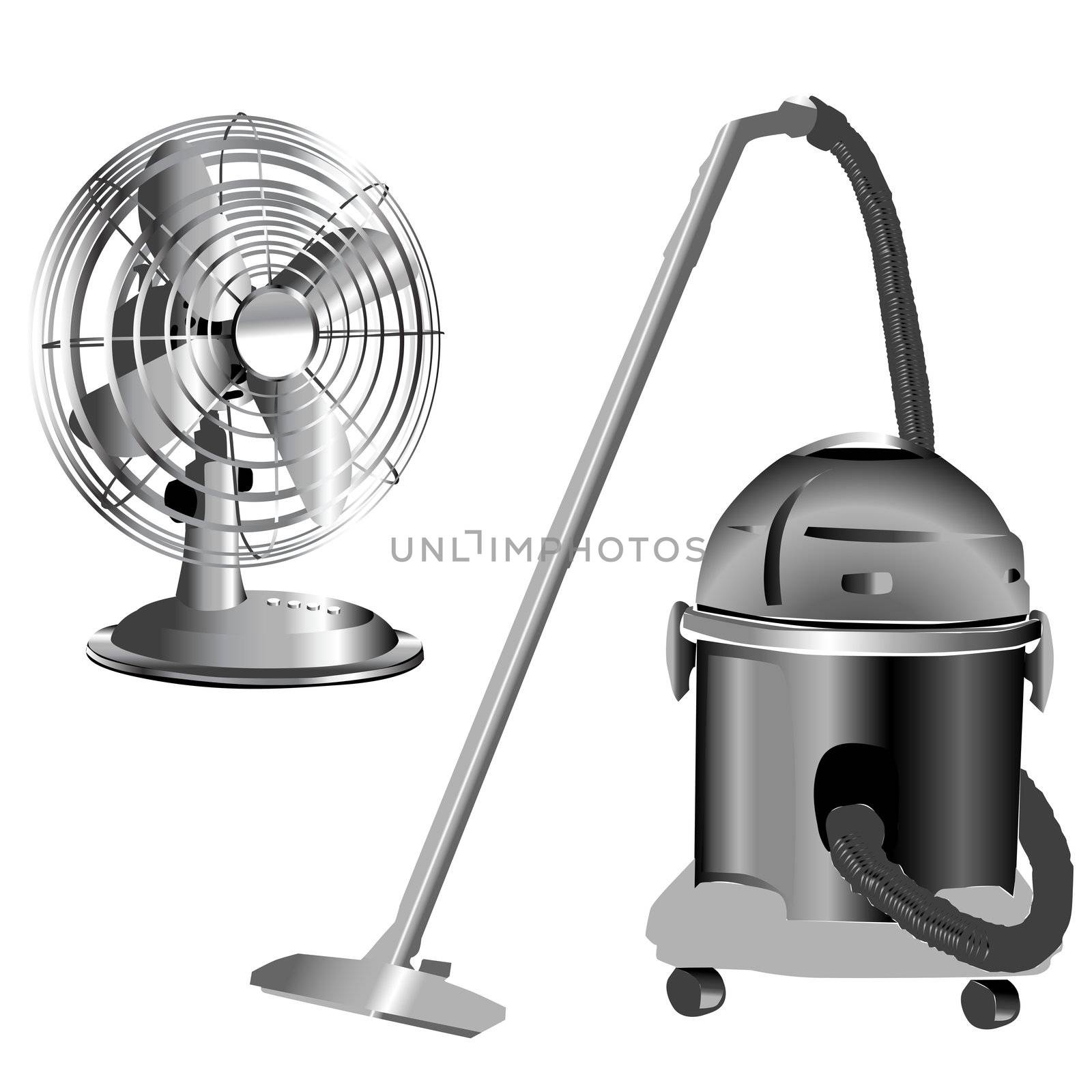 retro silver wind fan and vacuum cleaner isolated on white