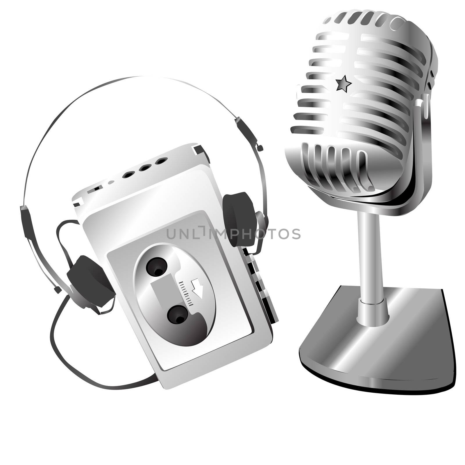 retro silver microphone and walkman isolated on white