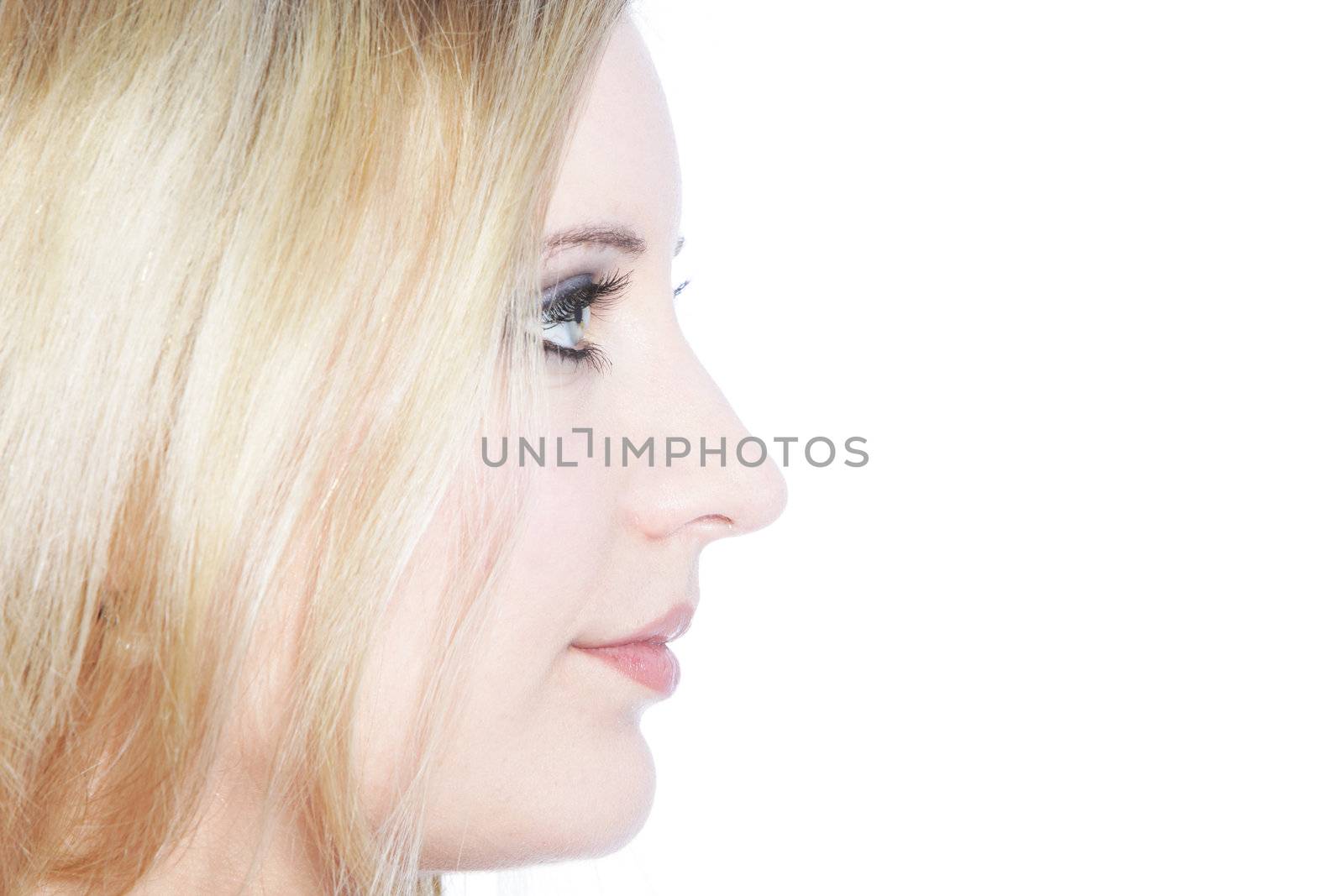 Close up side view face of Caucasian woman