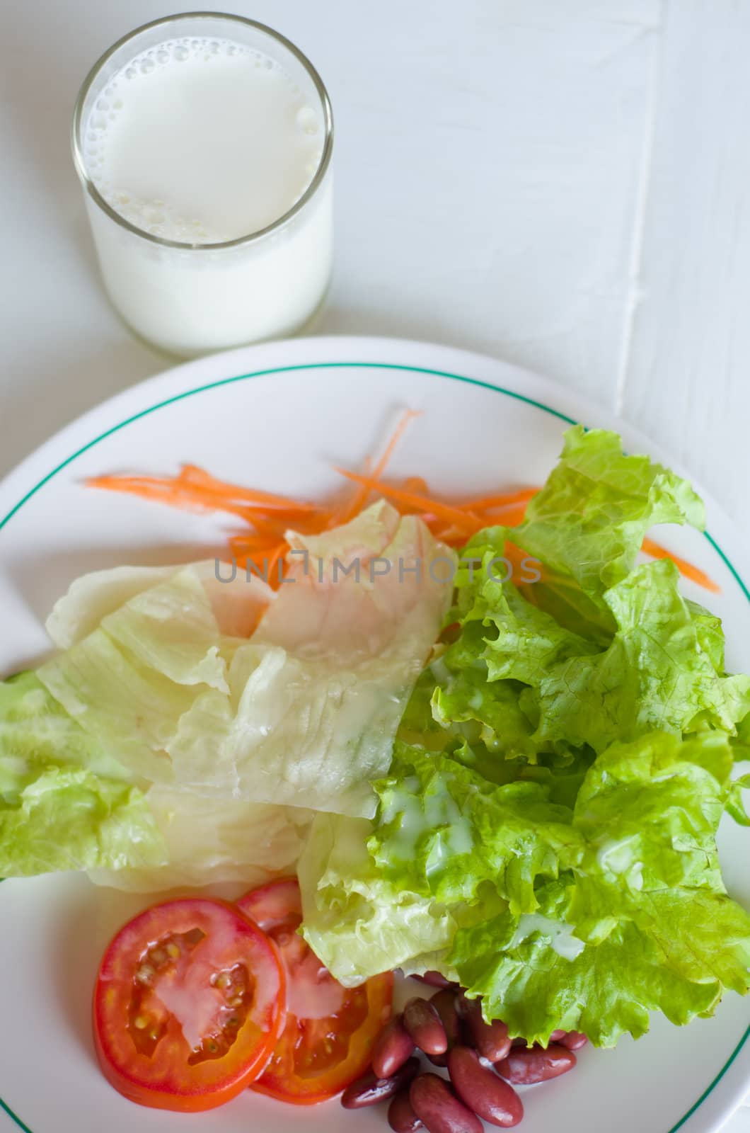 Vegetable Salad in White plate and panels with Milk