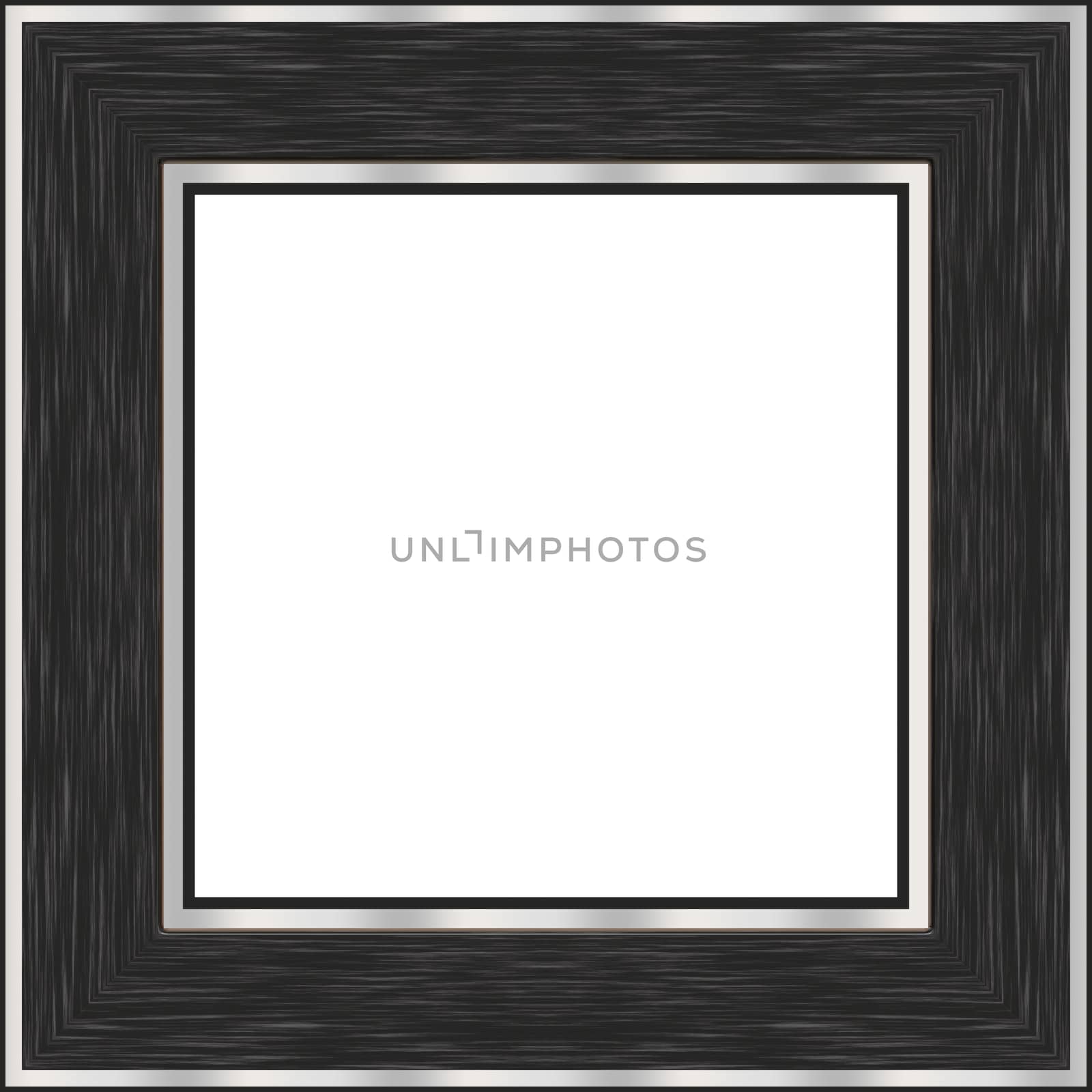 A black wood picture frame with brushed nickel accents.  Contains clipping path for the white area in the center.