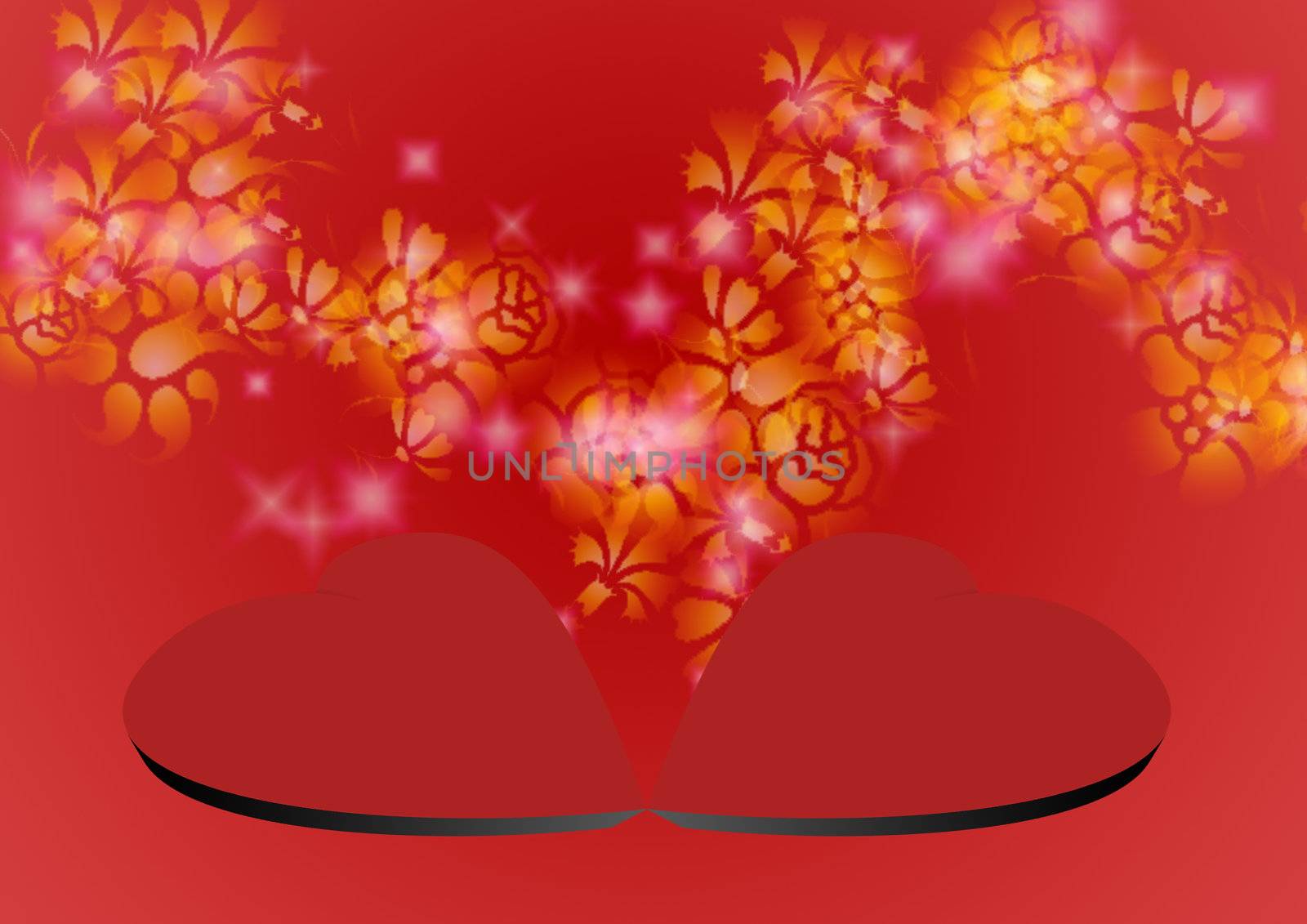 Red background with 3D ������� and dispersion of celebratory shone asterisks