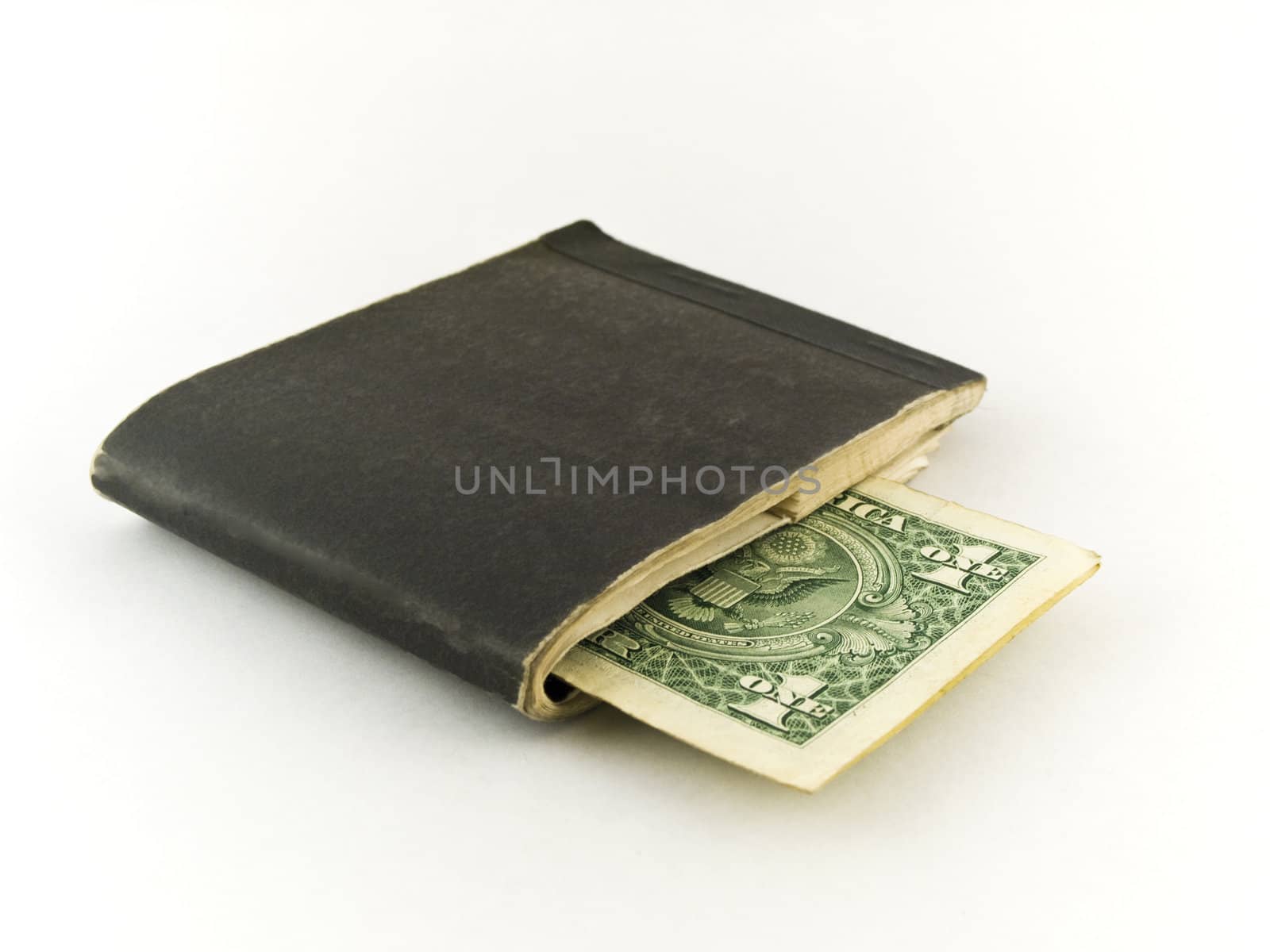 Old Chequebook and One Dollar Bill on White Background