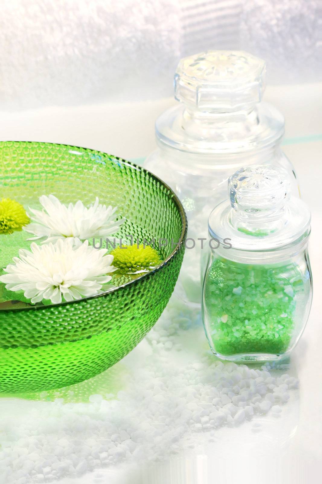 Green water bowl and sea salts by Sandralise