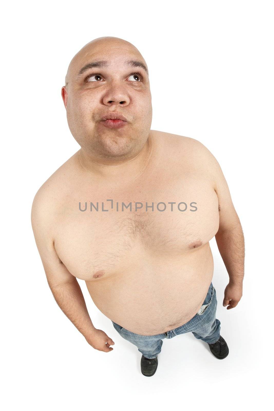Overweight male pondering while shirtless - taken with fish-eye lens for exaggerated expression.
