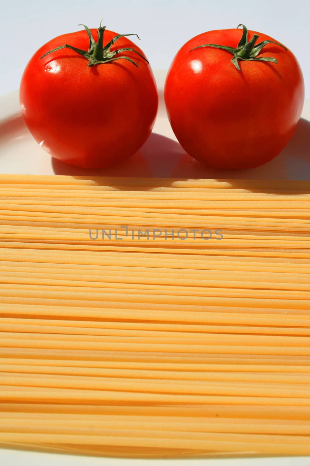 Close up of a pasta and tomatos on a plate.
